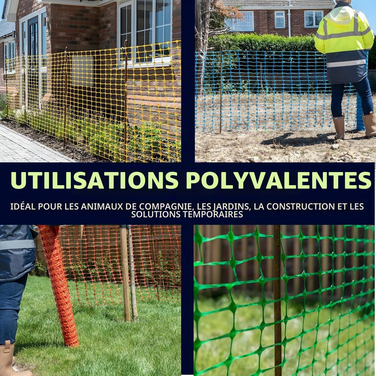 Clôture en plastique orange 1 m x 50 m avec 10 broches - Résistante aux déchirures - Clôture de sécurité temporaire pour la construction, les chantiers, le jardin, les animaux domestiques et les