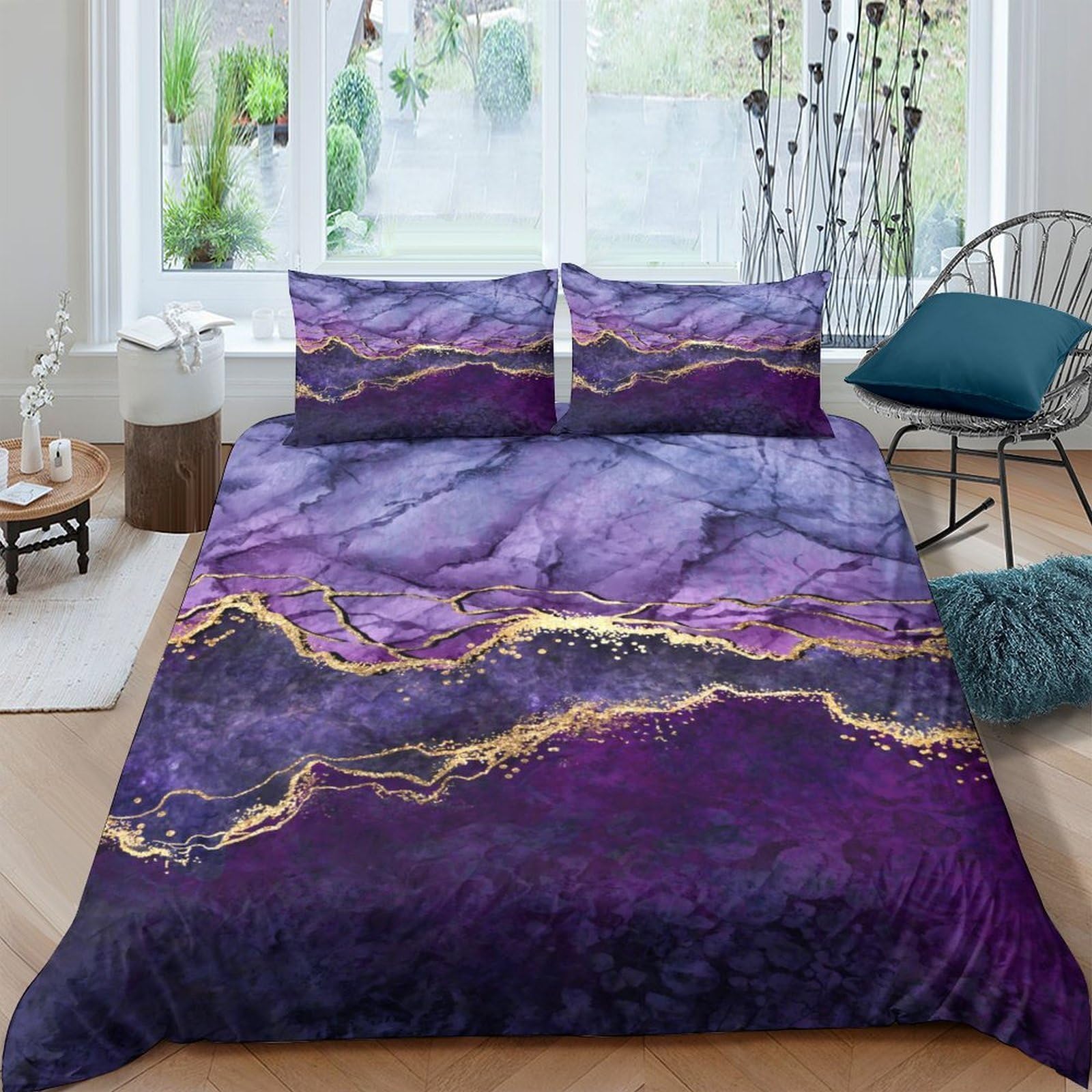 Ctjqhvkz Style-5 3D Printed Purple Marble Fitted Sheet Microfiber Soft Anti-Slip Golden Vein Bed Cover For Bedroom Guestroom Easy Care Single（135X200cm）