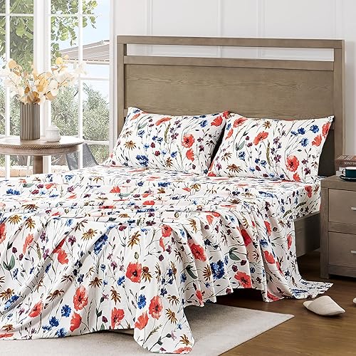 Miniatura 8 de FreshCulture Sábanas florales  Juego de sábanas ultrasuaves tamaño California King  Sábanas florales de microfibra cepillada  Bolsillos profundos
