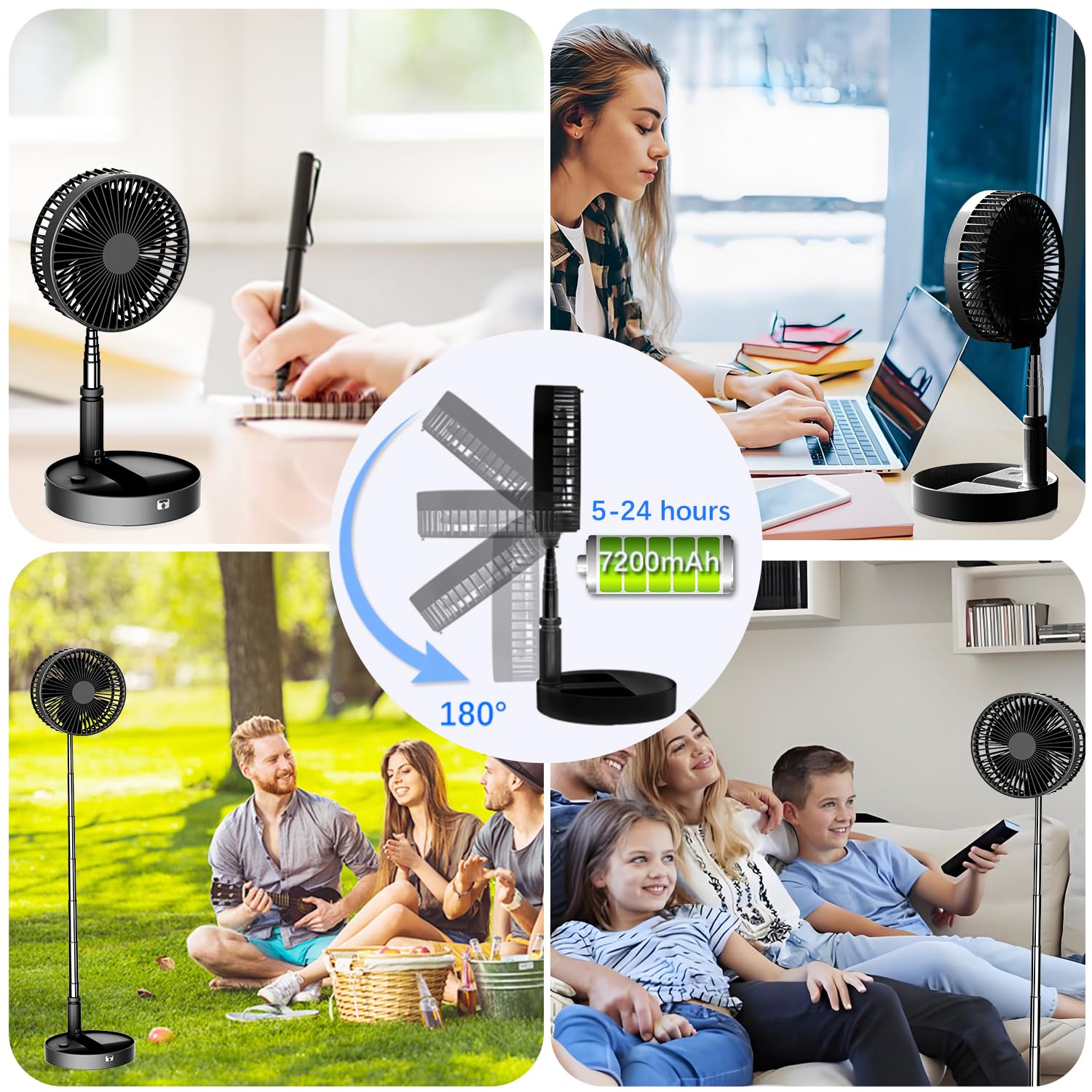 UN UNITEDTIME ventilatore portatile pieghevole ricaricabile [telecomando] a batteria pieghevole in piedi ventilatore a pedestallo, 4 velocità, timer per il viaggio in campeggio, camera da letto(Nero)