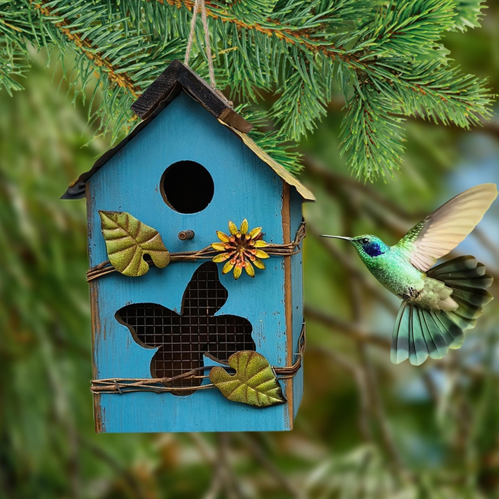 Niedliches aus Holz – dekoratives hängendes Vogelhaus den Außenbereich für Garten, Terrasse und Park (blau)