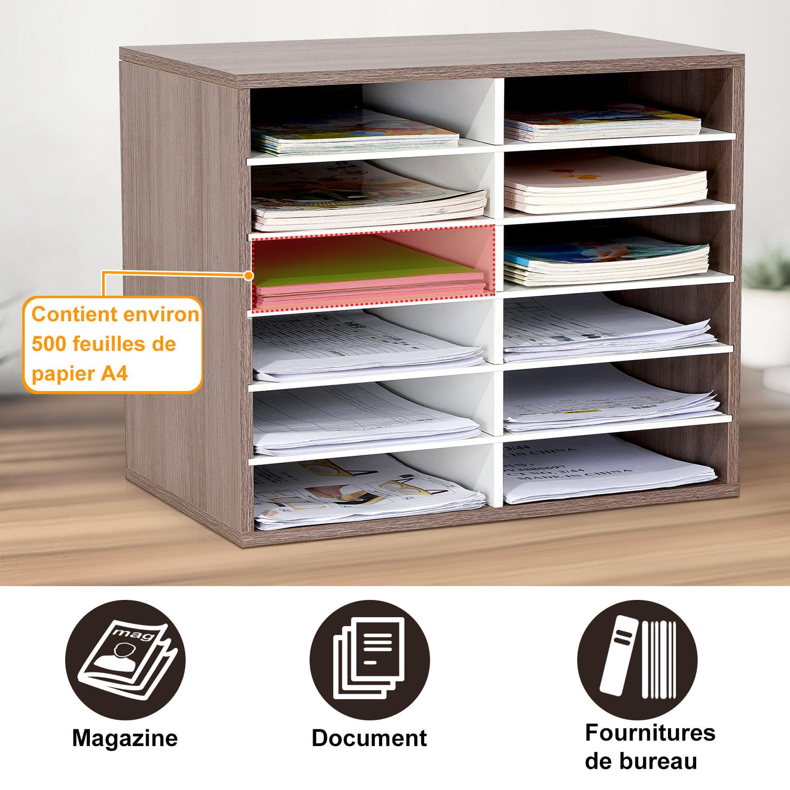 GUUSII HOME Organisateur de Bureau Bois Rangement Banette Casier Bannettes Classeur Bureau Range Trieur Document Papier Bureau avec 12 Compartiments Taille 48.9x40.9x30.5cm