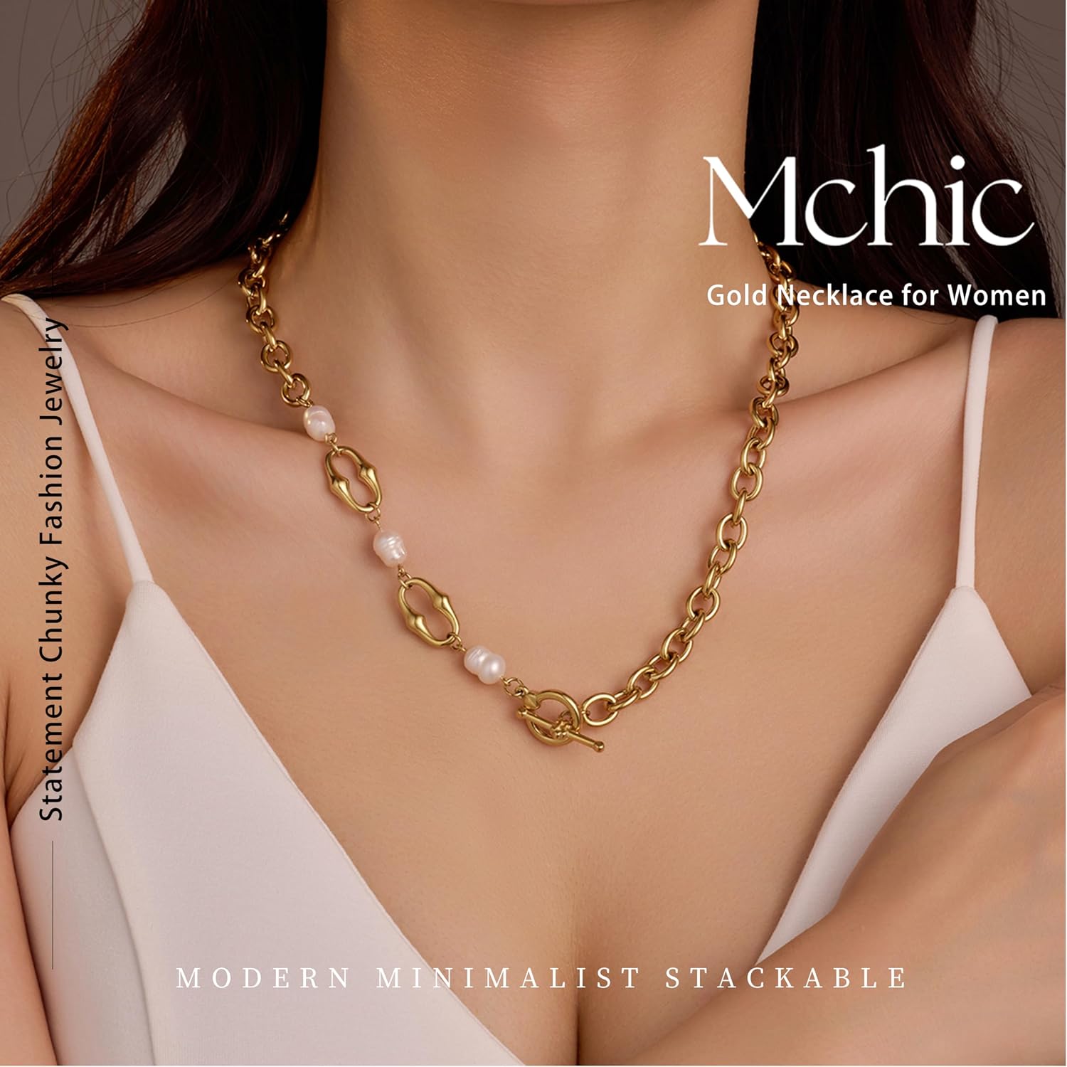 Mchic Gold Pearl Necklaces for Women Trendy: Dainty Layered Necklace 18K Real Gold Plated Waterproof Non Tarnish Chain Choker Stack Simple Necklaces Jewelry Gift for Women