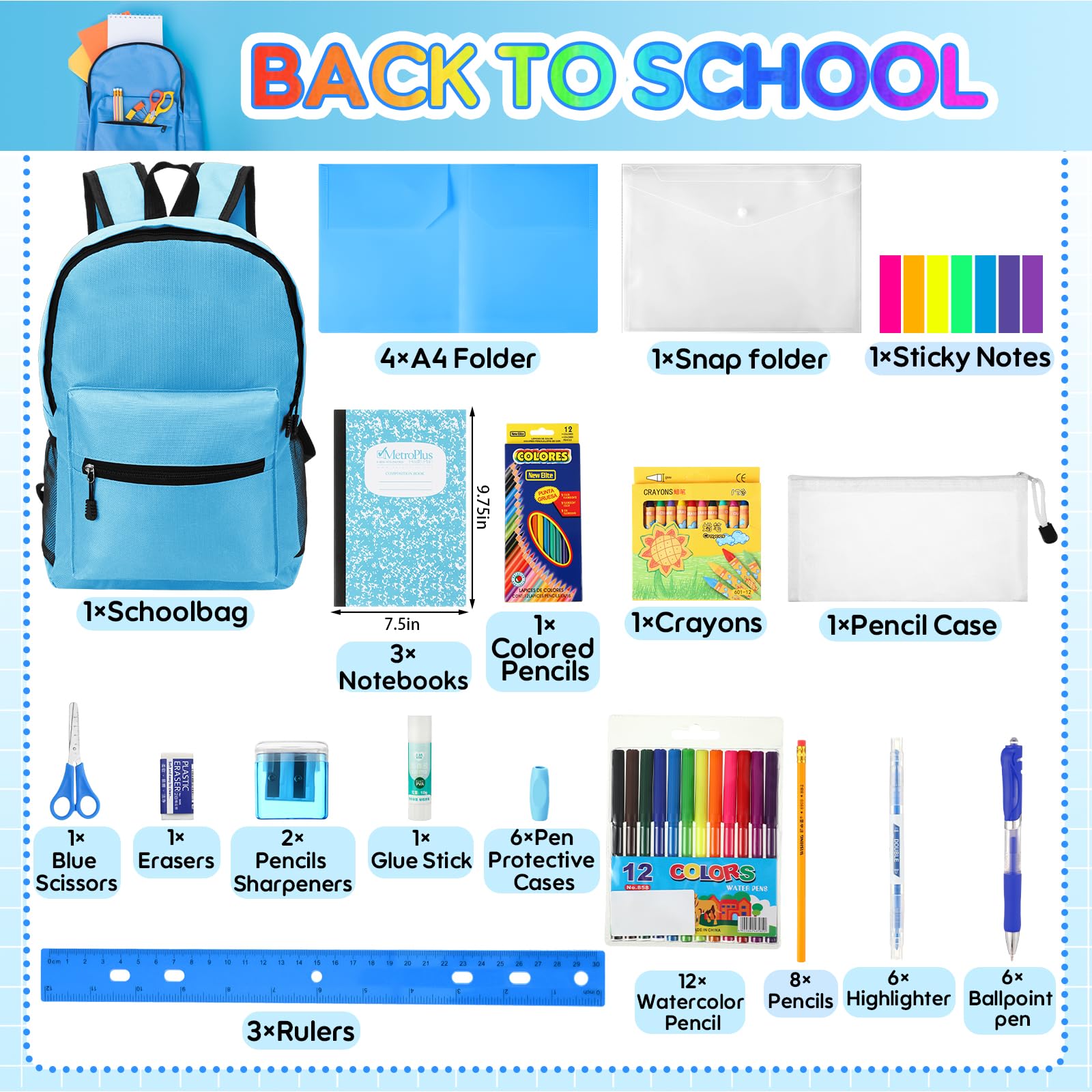 Gilprop Kit di 86 articoli scolastici con zaino, set di borse per il rientro a scuola, set essenziale elementare, per bambini, studenti, ragazze, ragazzi, aule scolastiche (azzurro)