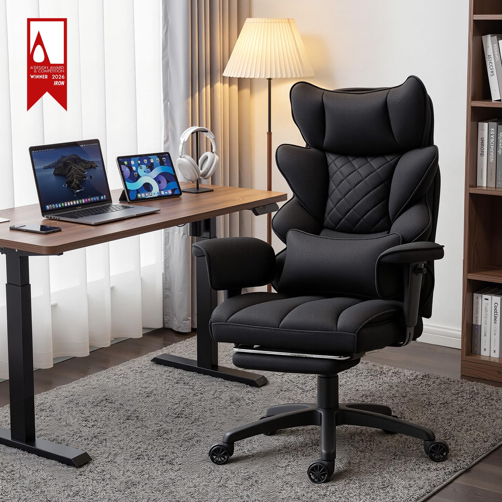 Dowinx Gaming Stuhl, Bürostuhl Ergonomisch mit Taschenfeder-Kissen, Chefsessel mit Doppellagige weiche Rückenlehne und verstellbare Lendenkissen, Armlehnen und Fußstütze, Textil-Schwarz