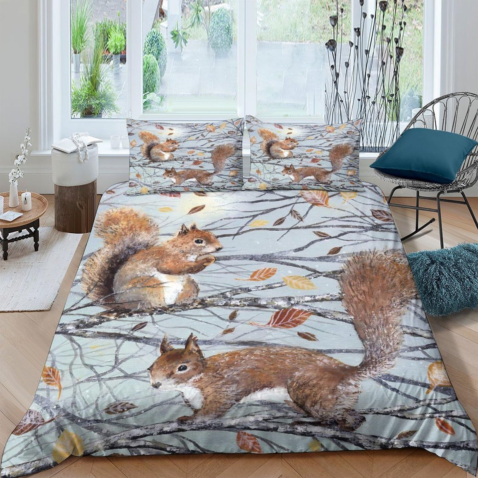 Ctjqhvkz Style-9 3D Printed Squirrel Forest Fitted Sheet Microfiber Autumn Leaves Bed Cover Anti-Slip Washable For Bedroom Guest Room Single（135X200cm）