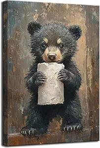 VVL Funny Bathroom Bear Wall Art Black Bear With Paper Canvas Painting Picture Humor Animal Wall Decor for Kids Restroom Bathroom Home Decoration