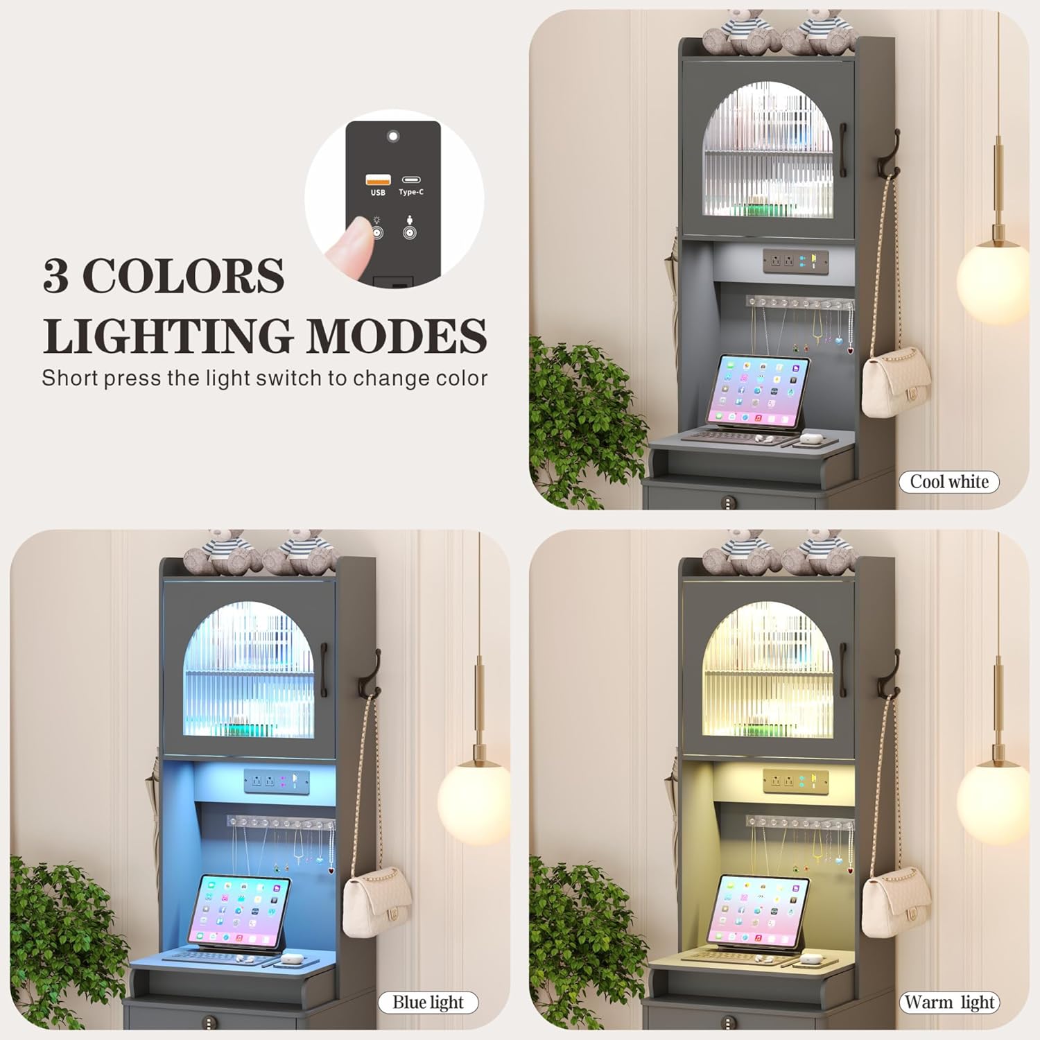 Small Vanity Desk with Mirror and Lights: Makeup Vanity Table with Combination Lock Drawers for Bedroom, Vanity Desk Set Dressing Table with Charging Station and Human Sensor(Grey)