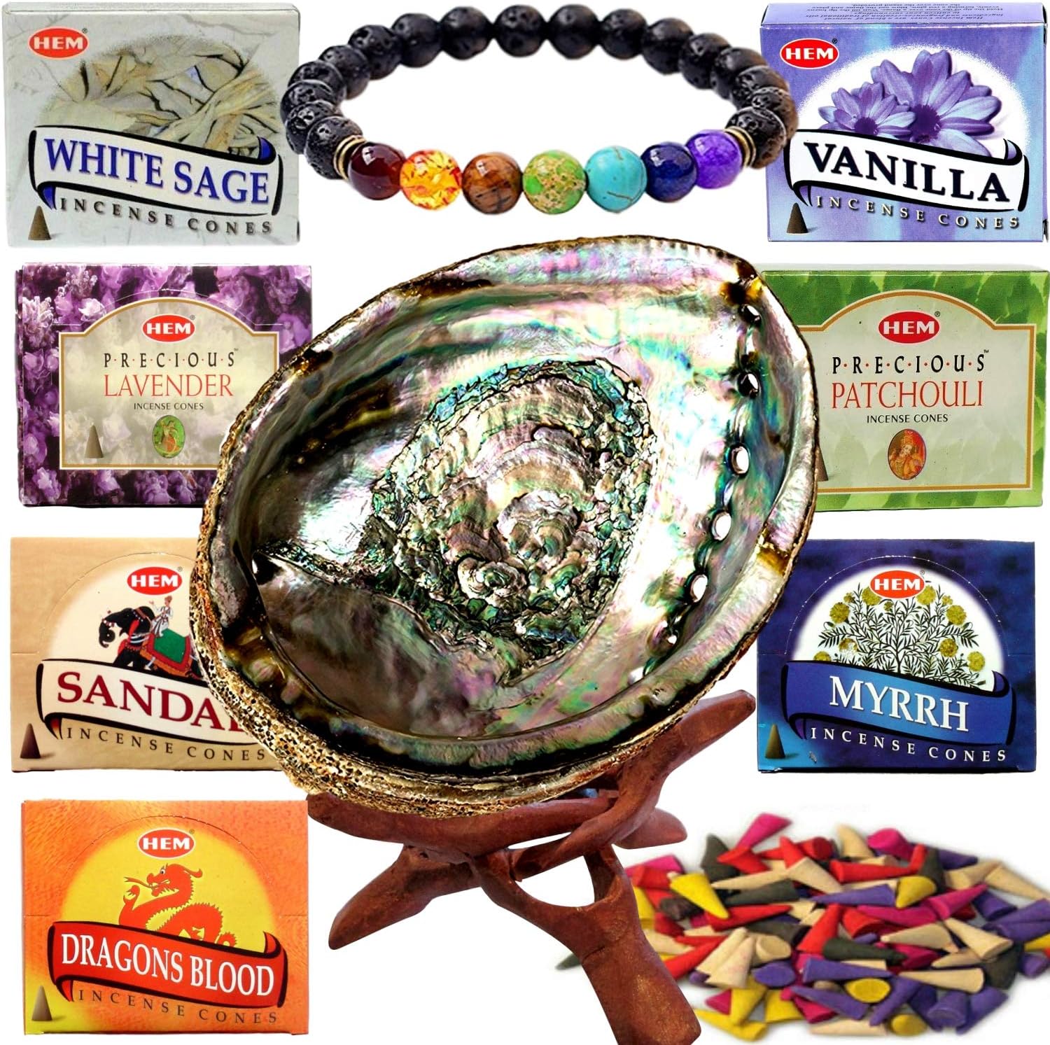 Incense Cone Kit Gift Set - Large Abalone Cone Incense Burner & Stand, 7 HEM Incense Cones Variety Pack Set, Chakra Aromatherapy Bracelet,Spiritual, Relaxation, Spa & Anti Anxiety Kit -70 Cones Total