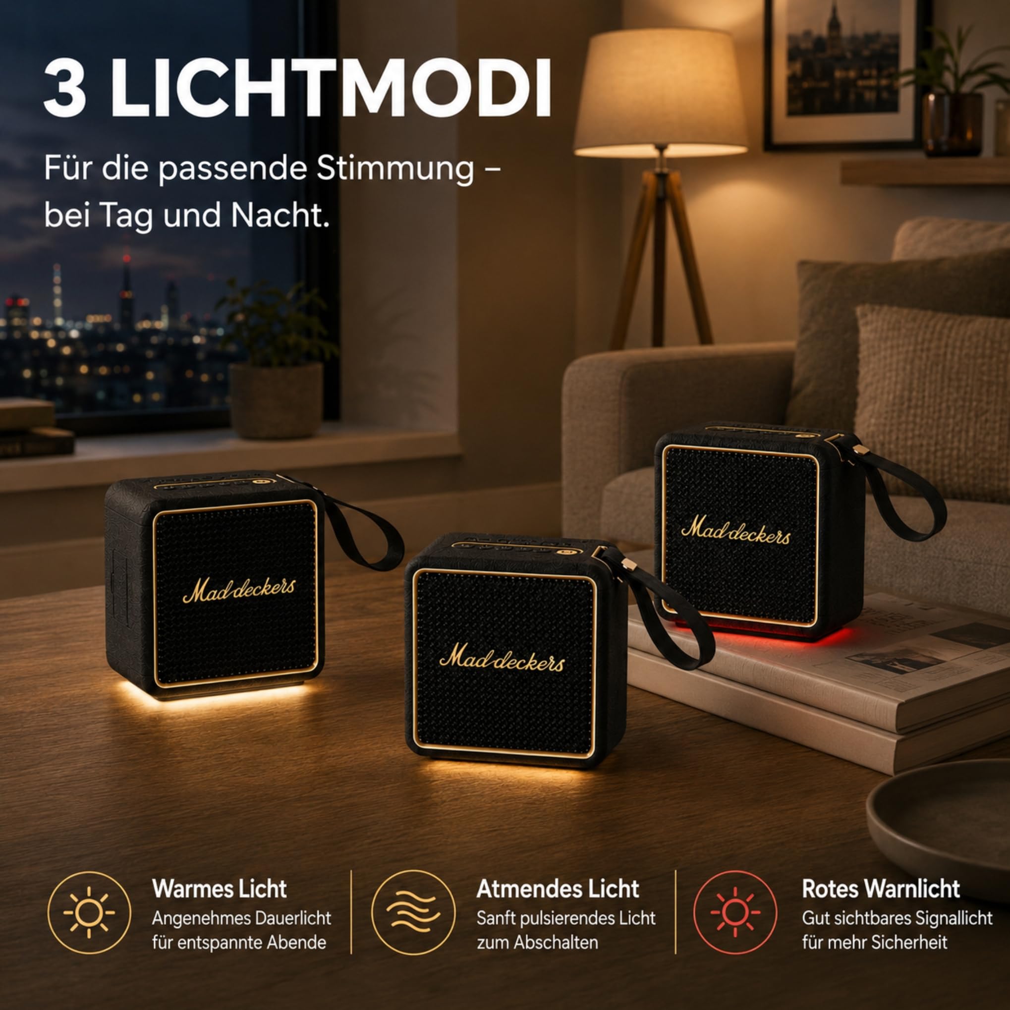 MG II Bluetooth Lautsprecher, 24W RMS Dauerleistung, Bluetooth 6.0, DSP Klang, IP67 Wasserdicht & Staubdicht, 17H+ Akku, RGB Licht, TWS Stereo, 3 EQ-Modi, Type-C Laden, AUX/TF/USB, Schwarz & Messing