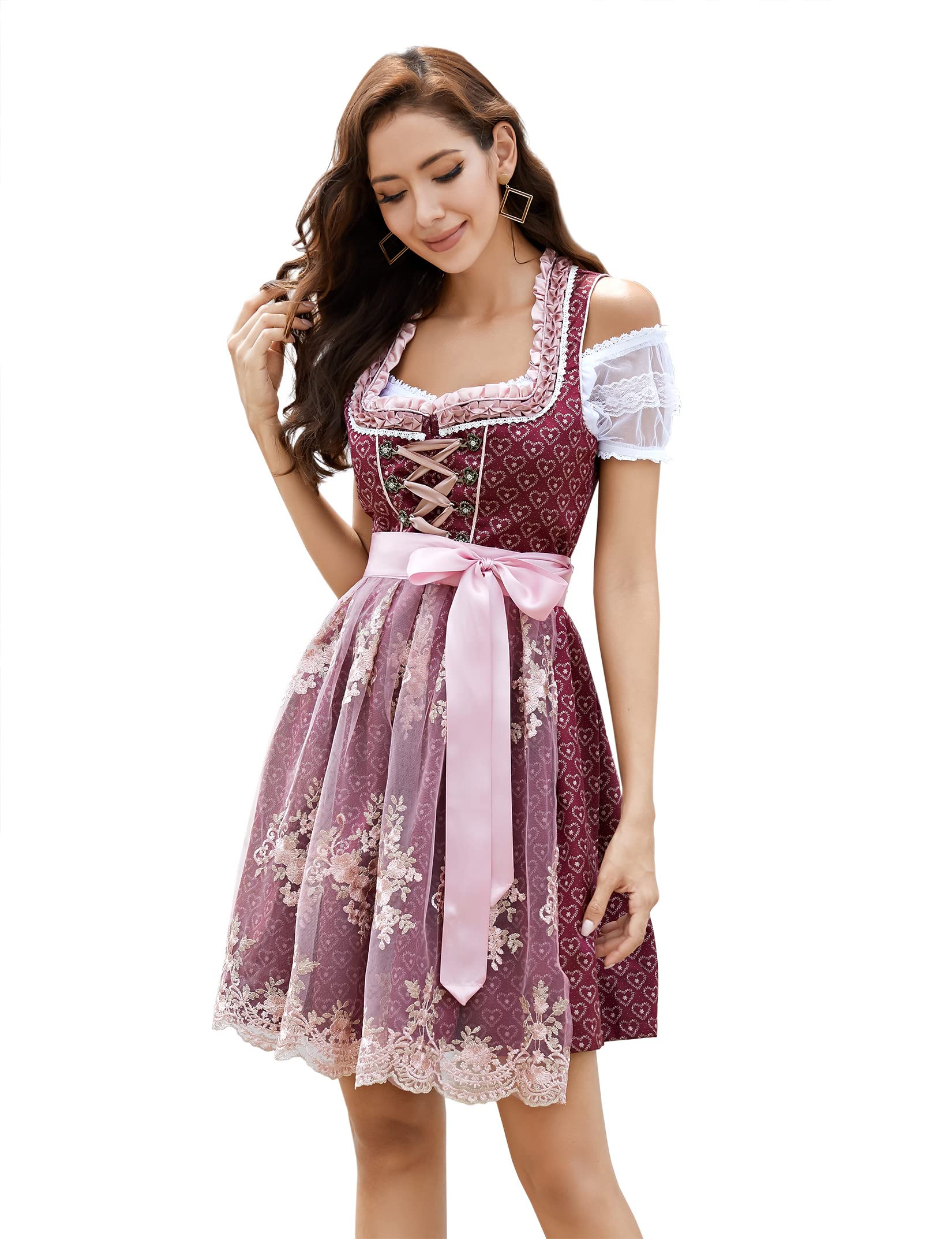 GloryStarWomen's German Dirndl Dress Traditional Bavarian Beer Garden Red 3 Pieces Oktoberfest Costumes