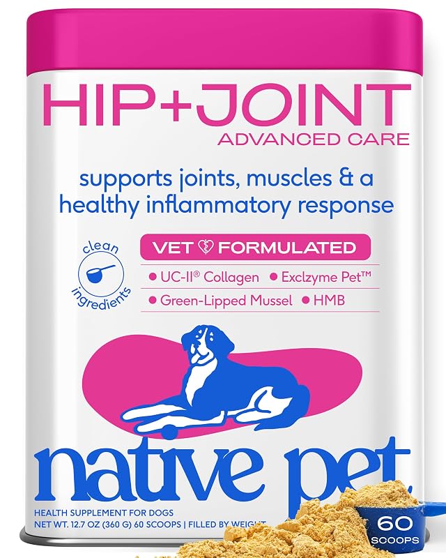 Suplemento para Cães para Quadril e Articulações em Pó com HMB, Colágeno UC-II®, Mexilhão-Verde e Ácido Hialurônico Native Pet Advanced Care, 60 Medidas
