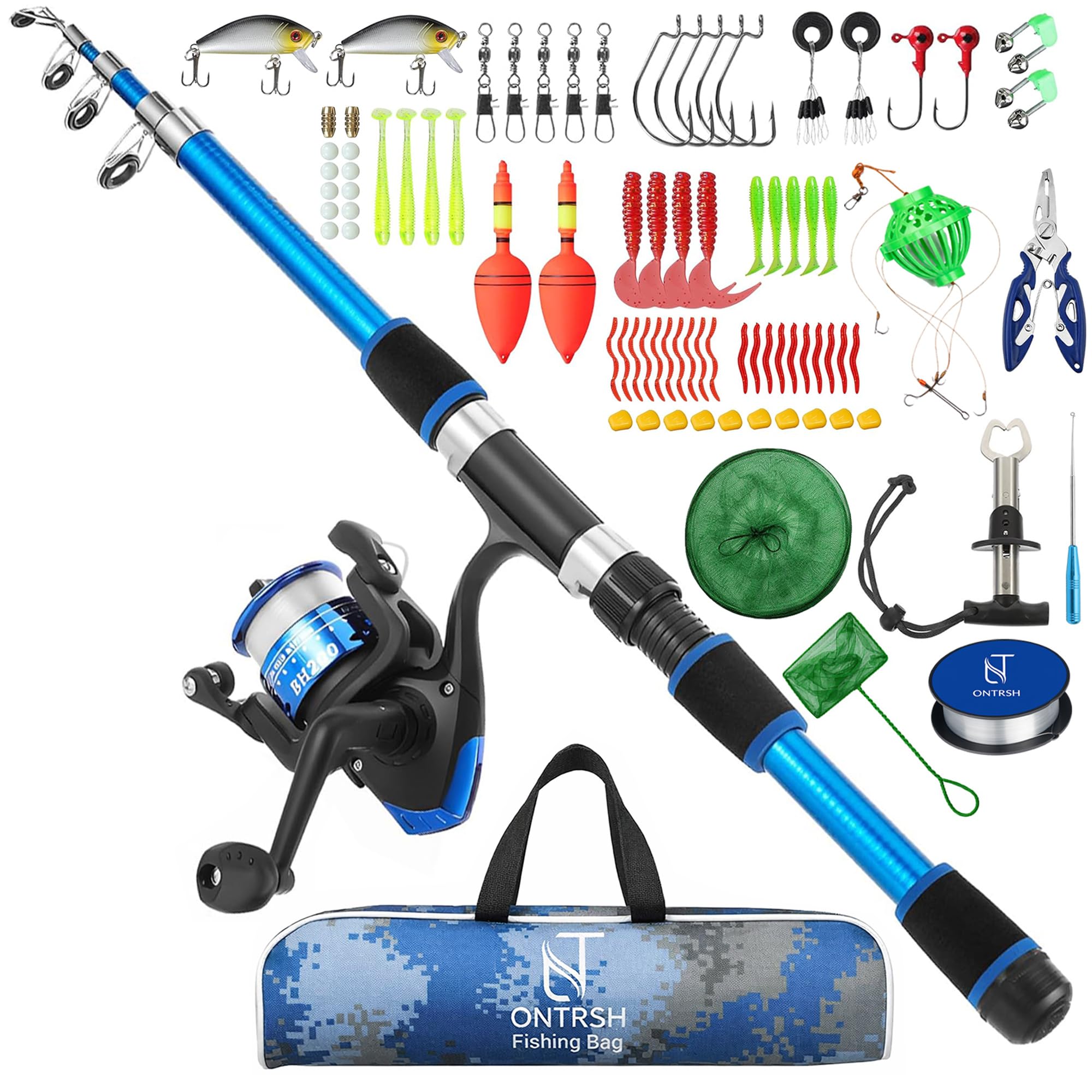 Kids Fishing Rod Set 180cm Telescopic Fishing Rod & Spinning Reel Combo Ultimate All-in-One Fishing Starter Kit with Lures Hooks Line Nets Tools Tackle Box & Carry Bag for Children & Youth (Set of 1)