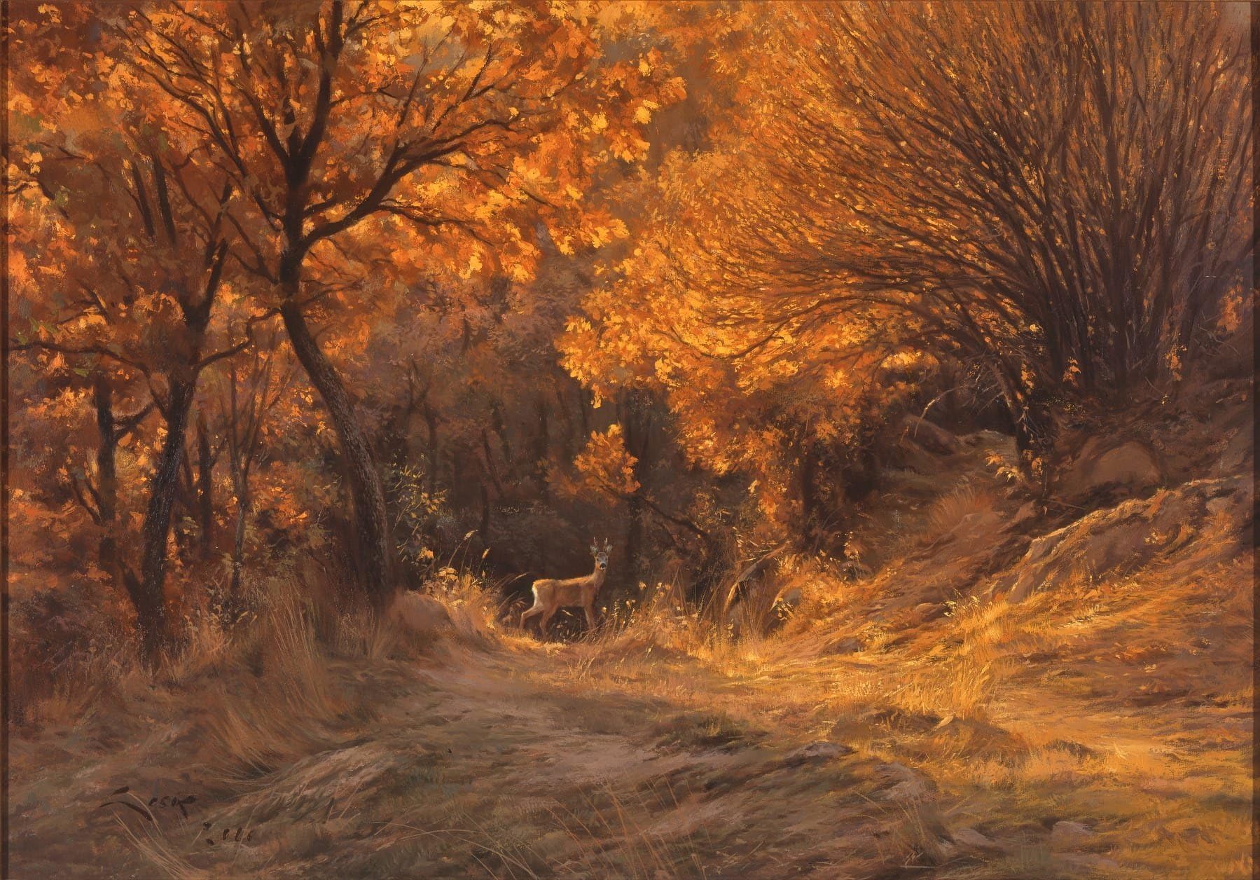 Roe deer painting - Fine print on canvas - In the deep forest. 50 x 35 cms.