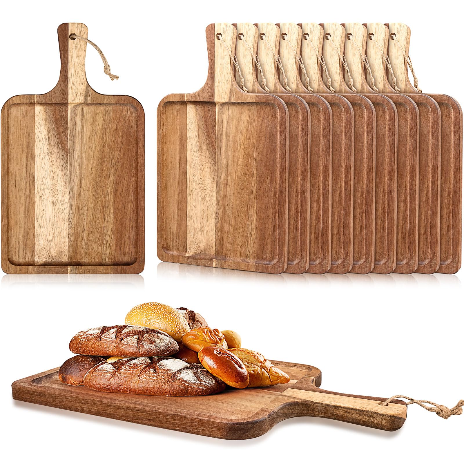 Tabla de cortar de madera de acacia con asa, 10 piezas, tabla decorativa para charcutería, pizza, queso, frutas, para cocina, decoración de mesa de Navidad (35 x 20 cm)