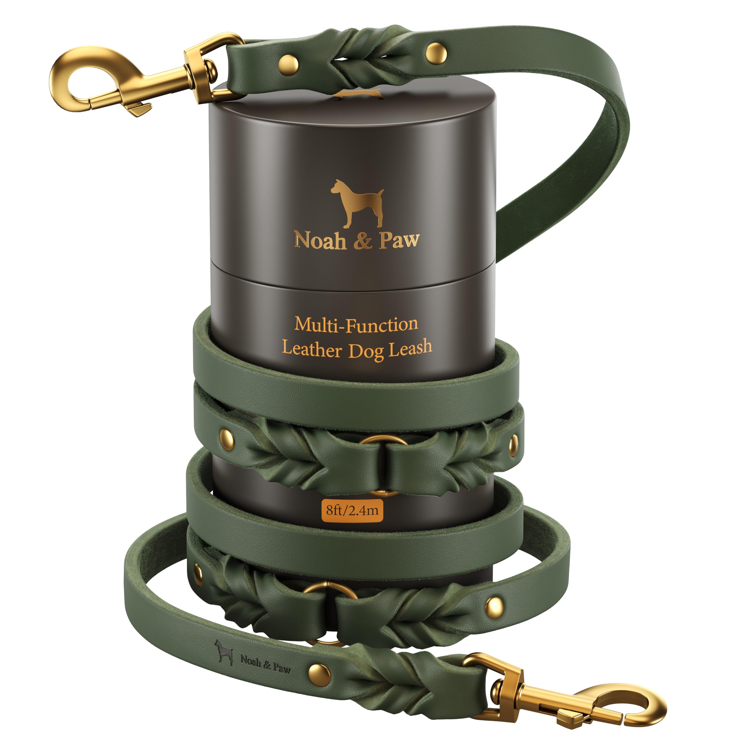 NOAH & PAW Leather Dog Leash, Premium Oil-Waxed Leather Braided, 8 ft Long Dog Leash with 6 Ways to Use Hands-free, Quick-tie, Double Pet Lead Etc. Matching Collar Available. (Dark Green)