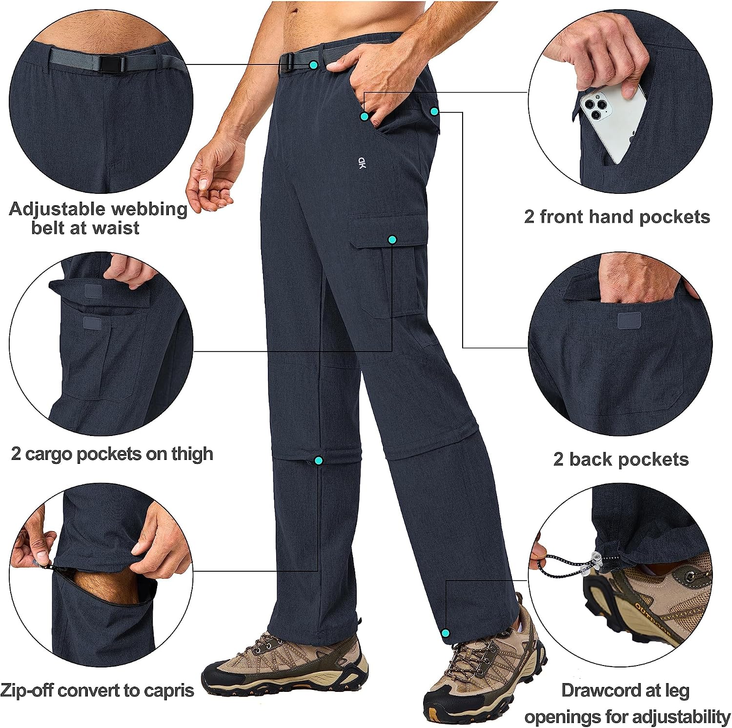Little Donkey Andy Men's Convertible Hiking Pants with Belt, Lightweight Zip-Off Quick Dry Tactical Cargo Pants