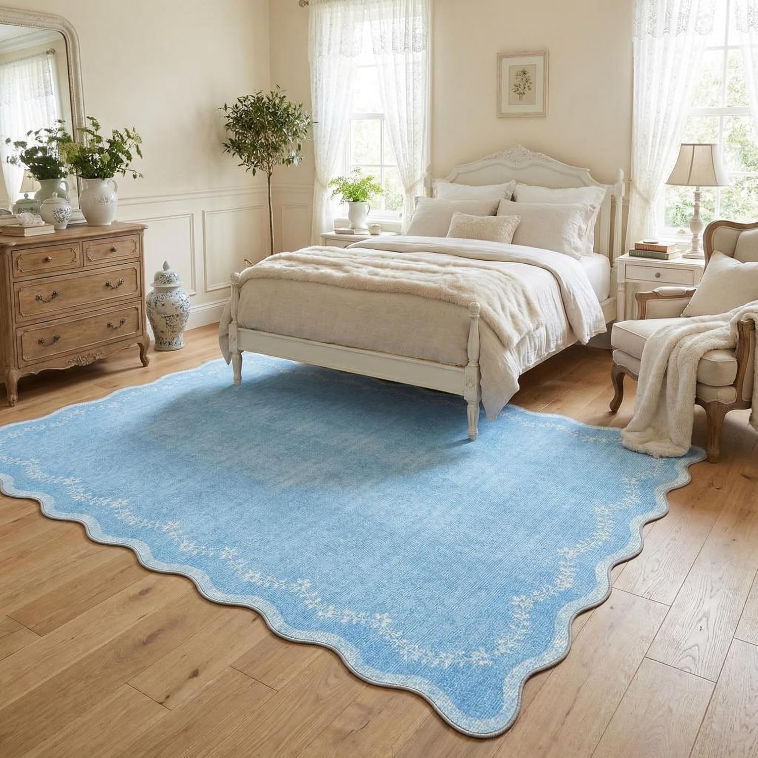 Tapis de salle a manger antidérapant et lavable en machine grand format bleu oriental 200x300