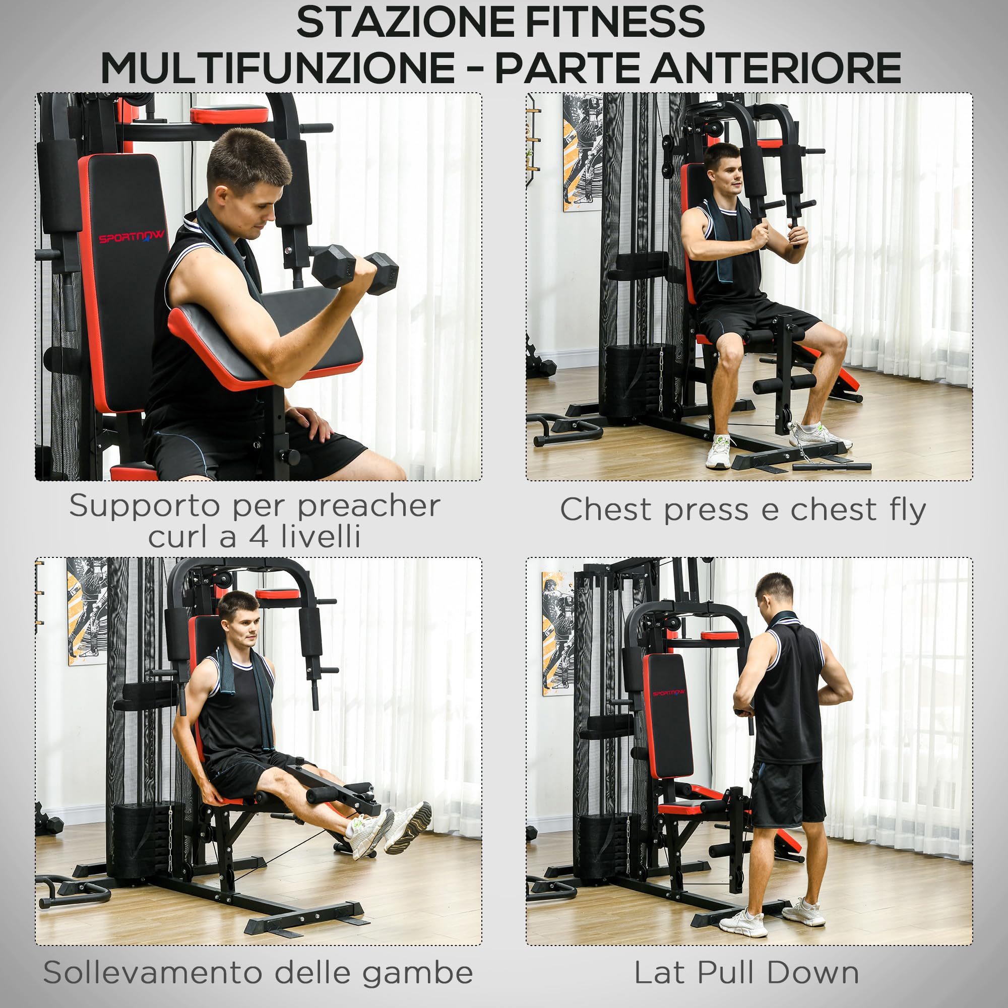 SPORTNOW Stazione Fitness Multifunzione per Allenamento del Corpo, Panca Multifuzione in Acciaio e PU con 65kg di Pesi totale, 225x175x200 cm, Nero