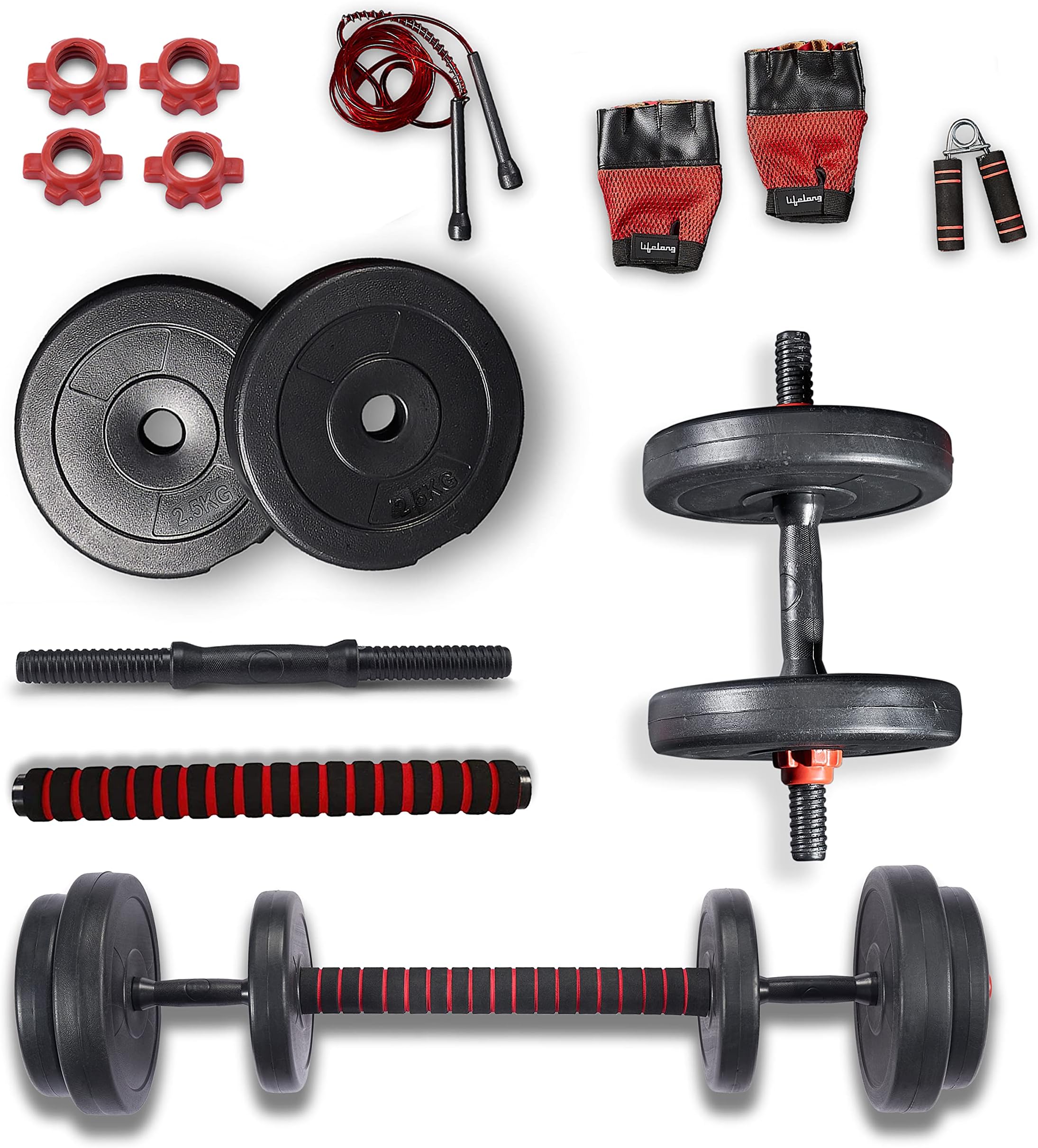 LifelongLLPVCHGC04 PVC Home Gym Set 10kg Plate with Extension Barbell Rod and Dumbbells Rods with Gym Accessories for Home Workouts ( Black , 6 Months Warranty )