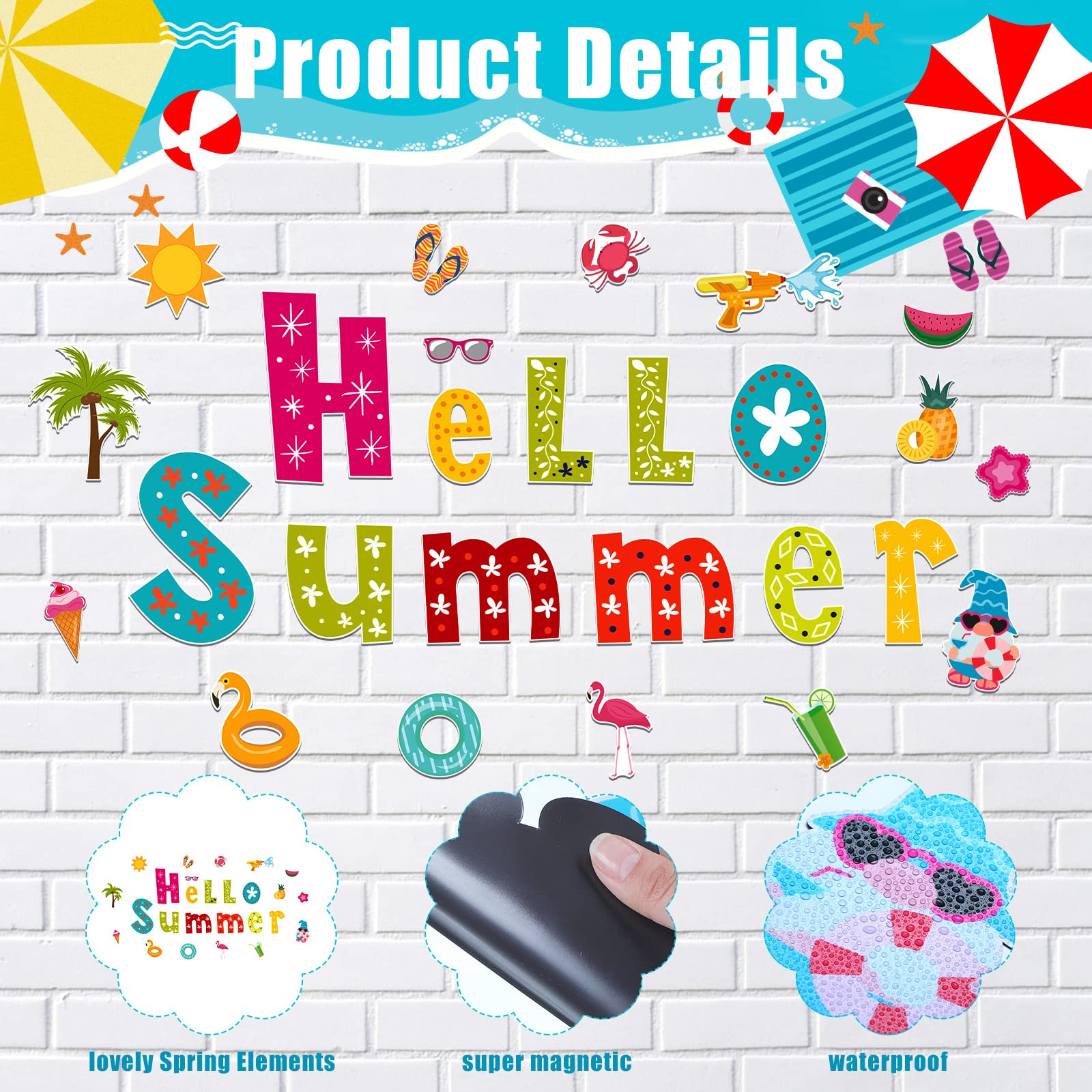 26 Pieces Summer Garage Door Decorations Magnets Hello Summer Garage Magnetic Stickers Sun Watermelon Refrigerator Car Decals Summer Season Decor Holiday Magnets for Summer Car Garage Decor