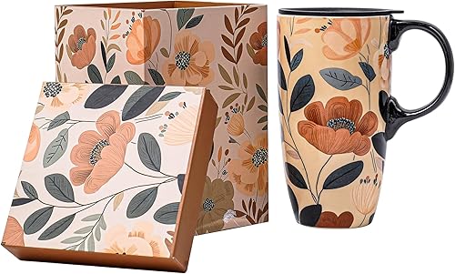 Taza de café de viaje de cerámica con tapa para el hogar y la oficina, taza de té alta de porcelana de 17 onzas con mango de arte floral en caja de