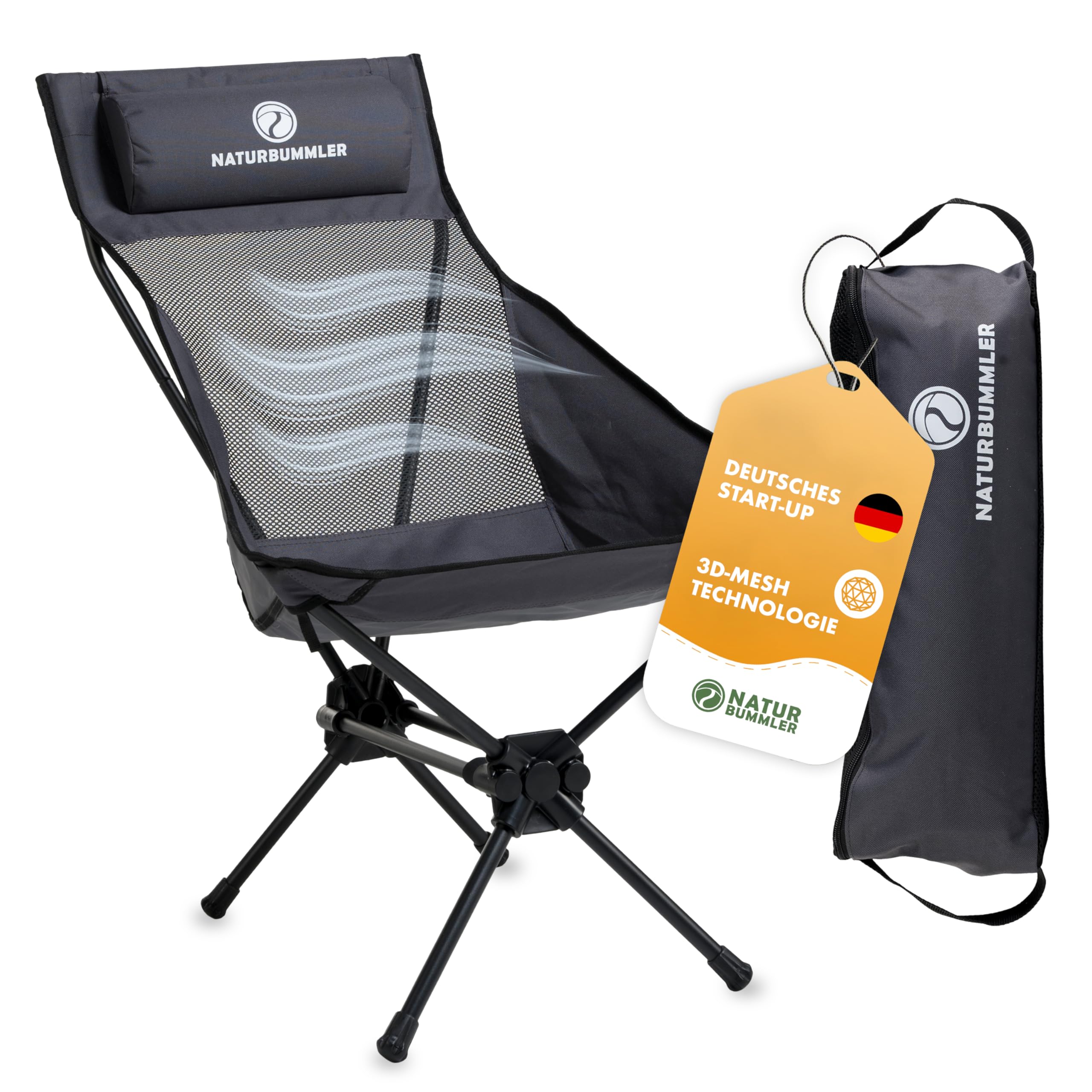 NATURBUMMLER Campingstuhl faltbar [Cloud Sit Light] – Ultraleicht (2,65 kg) & atmungsaktiv – inkl. Tragetasche – kompakter Klappstuhl 120 kg belastbar für Garten Angeln Outdoor (Grau)