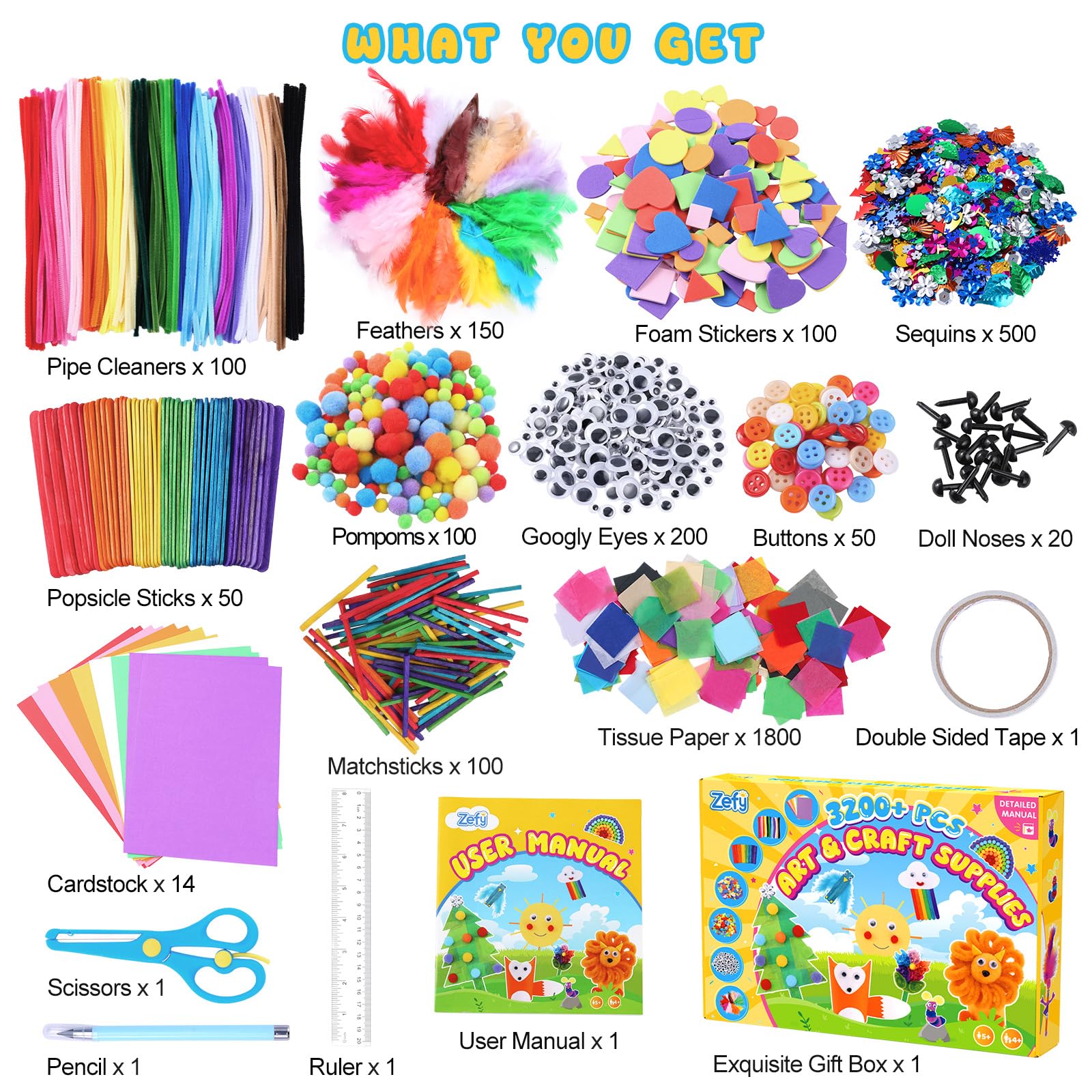 Zefy 3200+ Stück Bastelset Kinder 4-12 Jahre, DIY Basteln mit 12 Basteldesigns, Bastelkoffer Bastelbox Kreativ Set für Mädchen