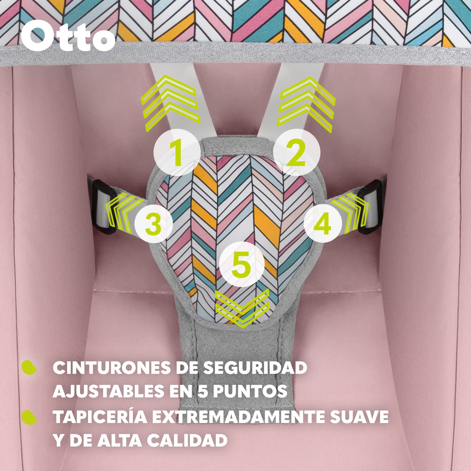 LIONELO Otto Columpio portátil para bebés hasta 9 kg, 5 velocidades de balanceo, Sistema de Cinturones de Seguridad, Fácil Montaje, Arco de Juguetes interactivos Ajustable (Rosa)