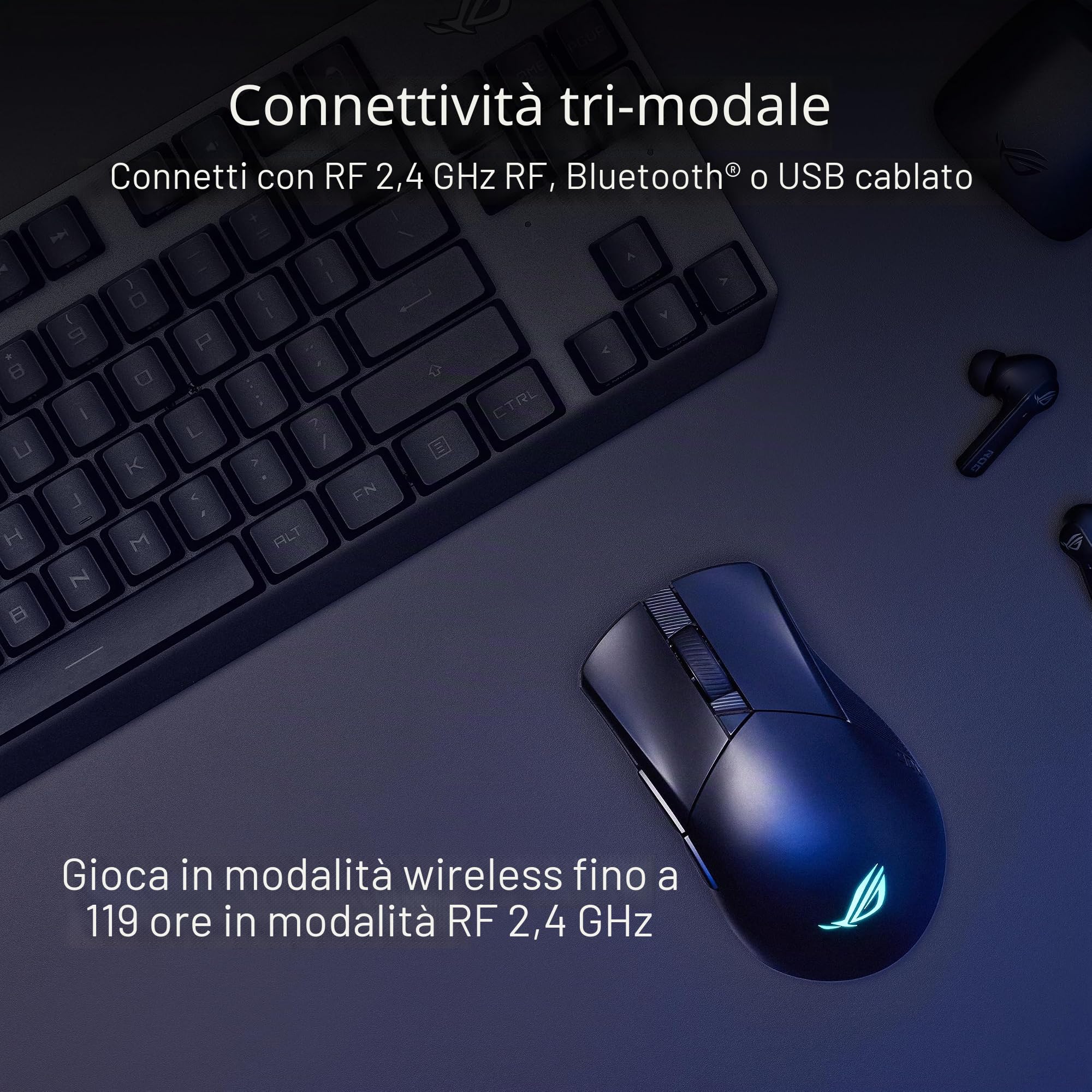 ASUS ROG Gladius III Mouse da gioco wireless AimPoint, connettività (2,4 GHz RF, Bluetooth, cablato), sensore 36000 DPI, 6 pulsanti programmabili, ROG SpeedNova, interruttori sostituibili, cavo