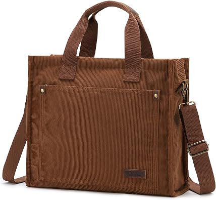 VASCHY Corduroy Tote Bag for Women, Casual Sturdy Work Satchel Top Handle Tote Bag with Zipper Pockets Crossbody Shoulder Bag