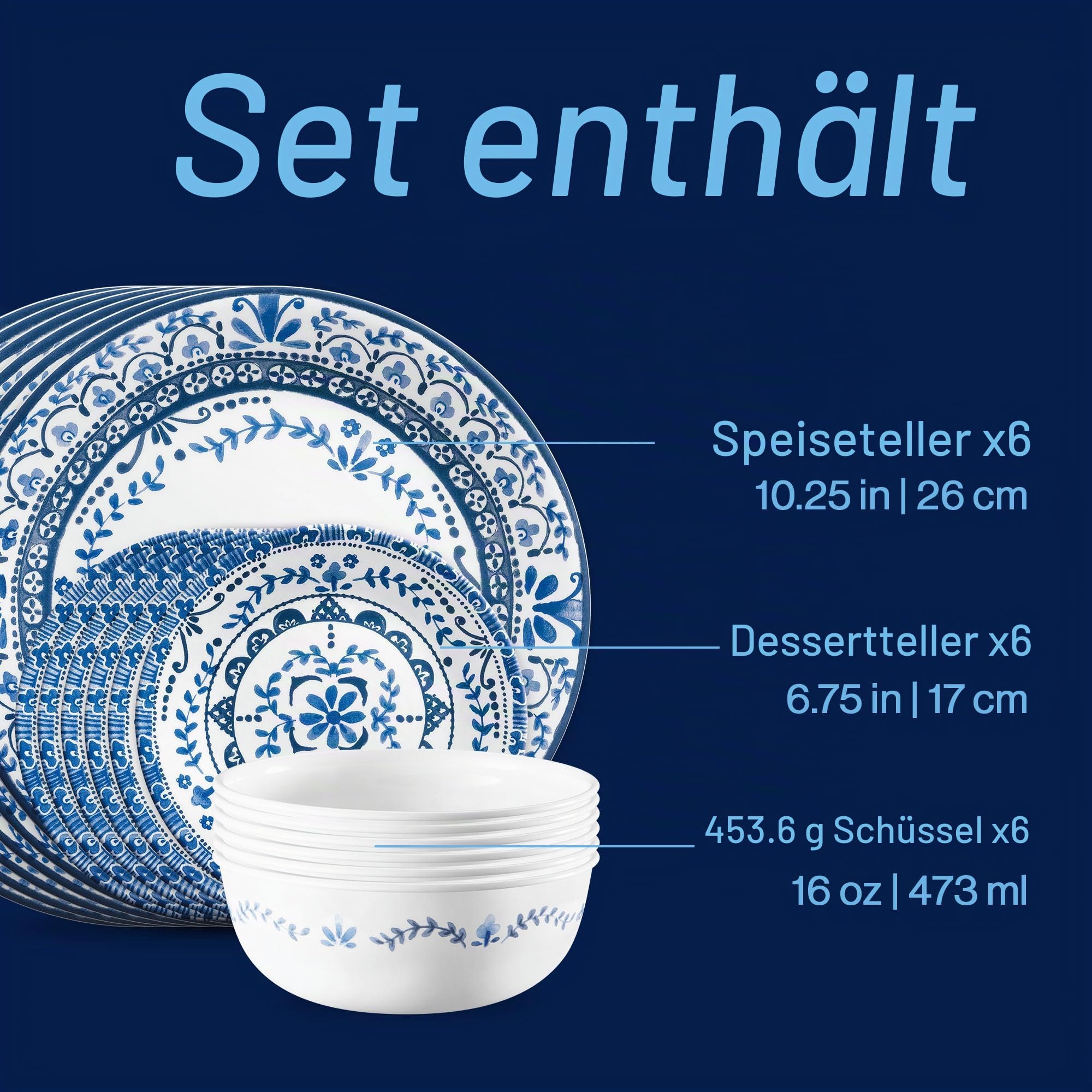 Corelle 18-teiliges Tafelservice Portofino, Blau und Weiß für 6 Personen, splitterfestes Geschirr, inklusive 26 cm Speiseteller, 17 cm Salat-/Beilagenteller und 530 ml Suppen-/Müslischalen
