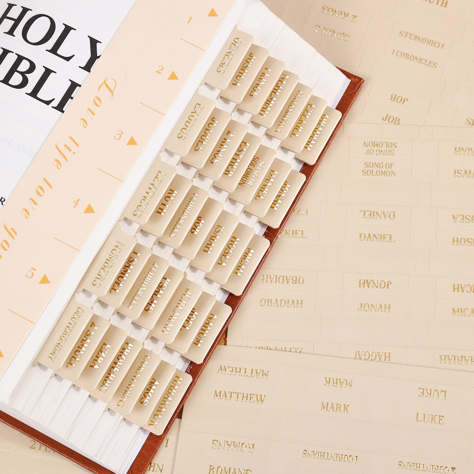 Leather Bible Tabs, Bible Tabs for Women and Men(Gold Foil Lettering) Large Print Stickers, Easy to Read and Apply, 66 Chapters & 14 Blank DIY Labels for Easy Navigation, Christian Accessories(Beige) — image 1