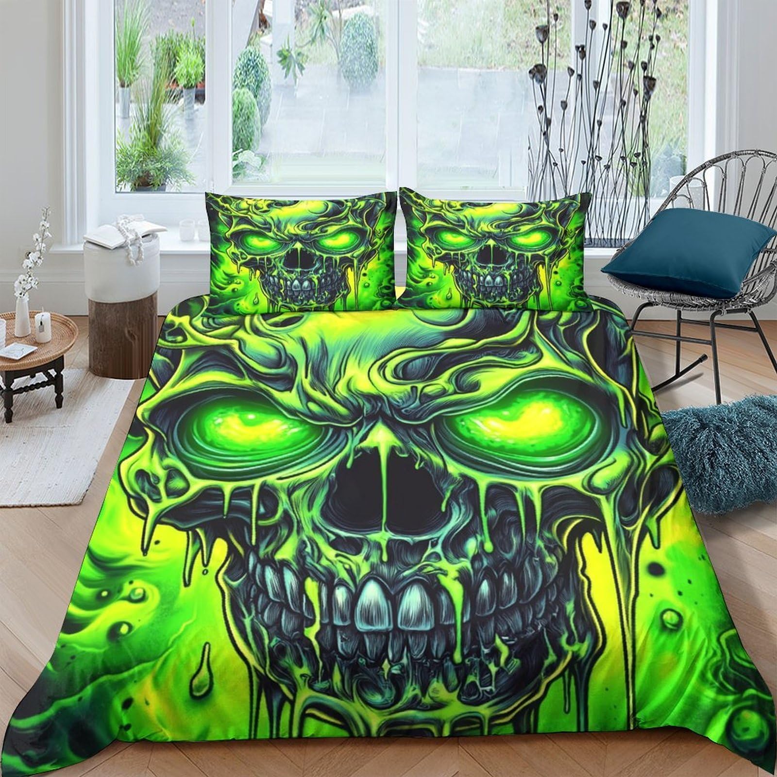 Ctjqhvkz Style-7 3D Printed Green Skull Fitted Sheet Microfiber Soft Breathable Horror Art Mattress Cover For Bedroom Dorm Decor Single（135X200cm）