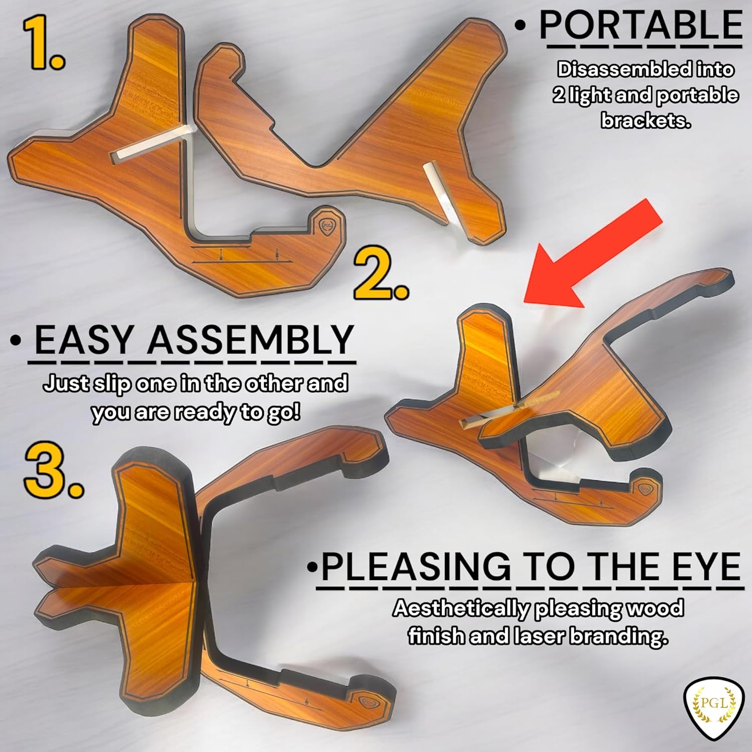 PGL Stepped Wooden Guitar Stand (Floor Stand) w/ Thicker EVA Protective Padding, Thicker Material, Electric Guitar Step, Acoustic Guitar Step, Concave Laser Engraved Diagram and Border, Universal Holder for Acoustic, Bass, Electric & Classical Guitars Sapele Wood Finish