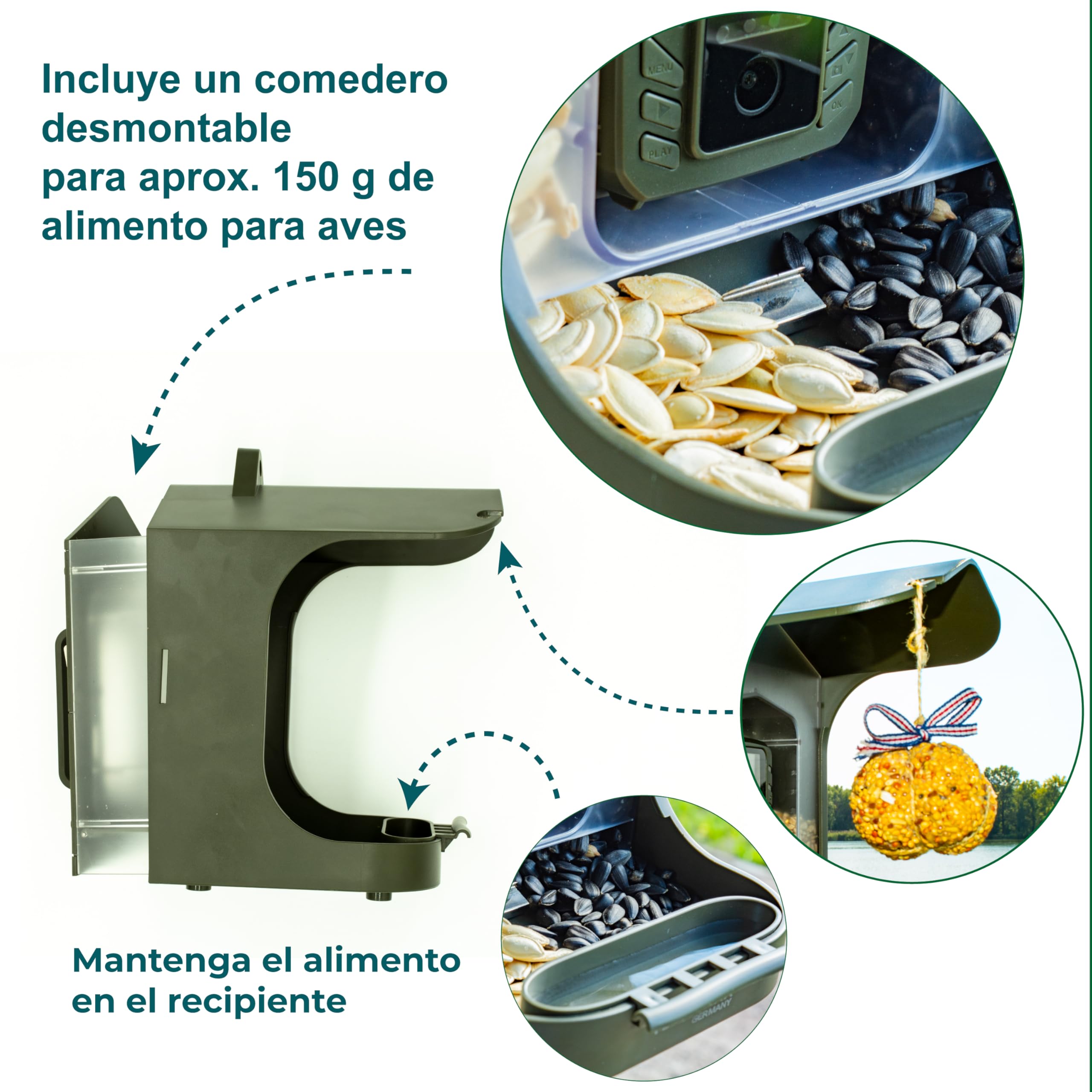 Technaxx Estación de la cámara del alimentador del pájaro de Technaxx con el convite Que cuelga, Caja de 150 g para el alimento y - resolución Video de FullHD - Kit versátil de la instalación TX-165