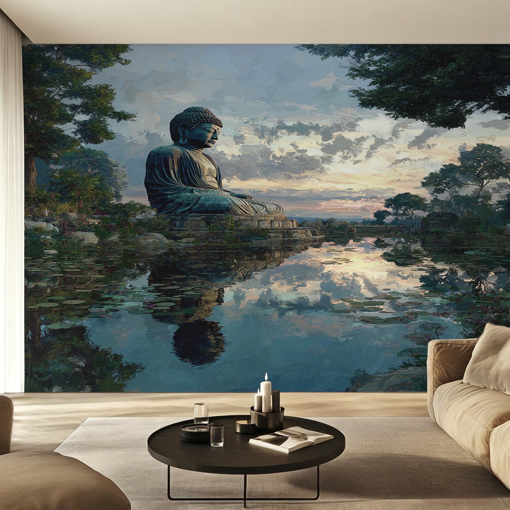 Papier peint panoramique bouddha pour transformer une pièce sombre en espace de méditation