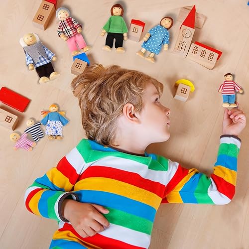 Miniatura 5 de 17 piezas de casa de muñecas de madera, personas de 15 figuras familiares y 2 mascotas (perro y gato), juego familiar de muñecas para niñas y niños