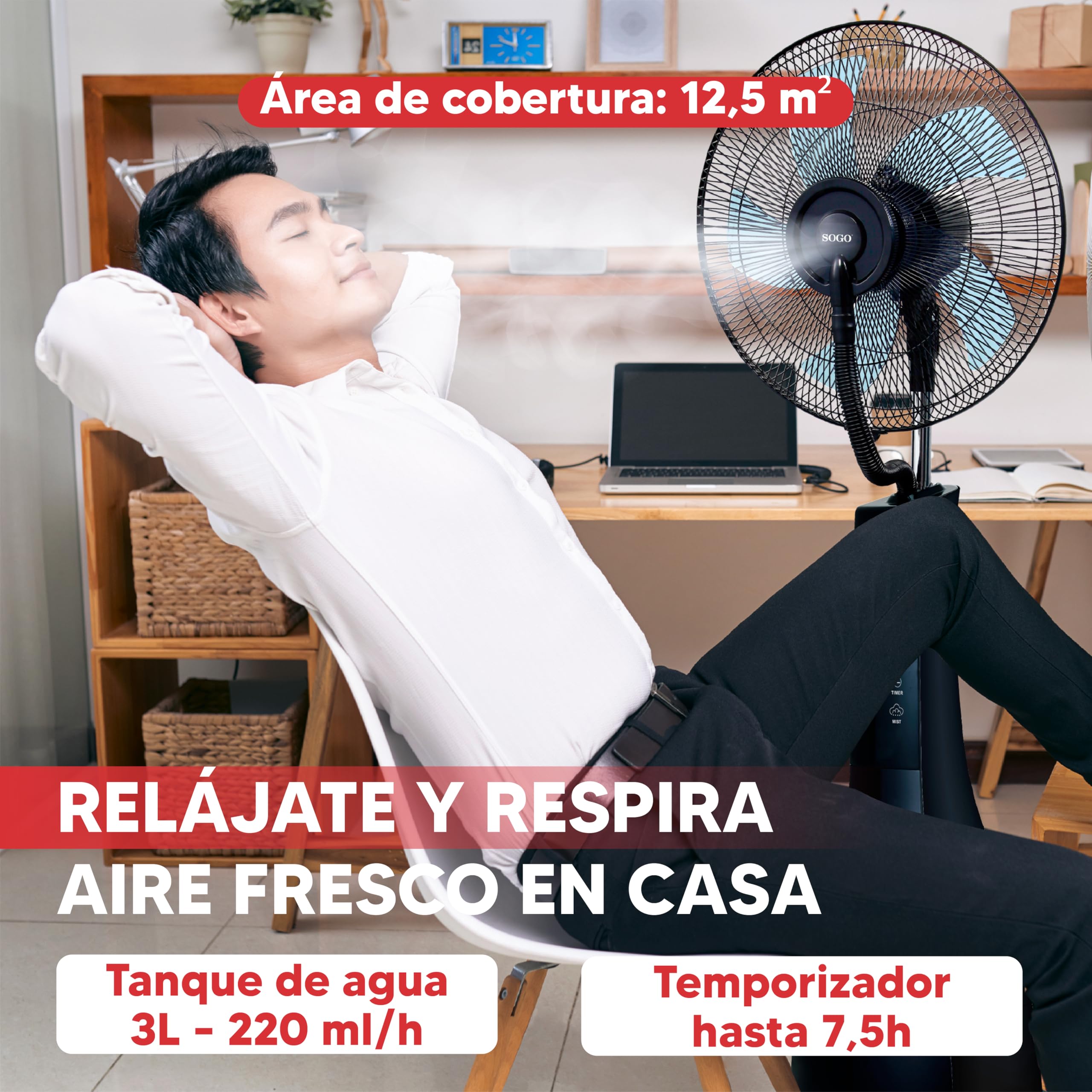 SOGO Ventilador Nebulizador De Agua Con Mando A Distancia - Ventilador Silencioso Oscilante Con Temporizador 7.5h - Panel LED Táctil Y Ruedas - Depósito 3L 90W