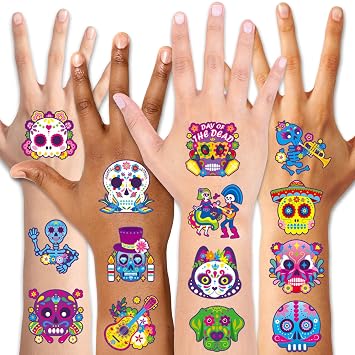 Qpout 96PCS Day of the Dead Sugar Skull Face Tattoos Colorful Cute Halloween Temporary Tattoos for Mexican Cosplay Halloween Party Favor Supplies