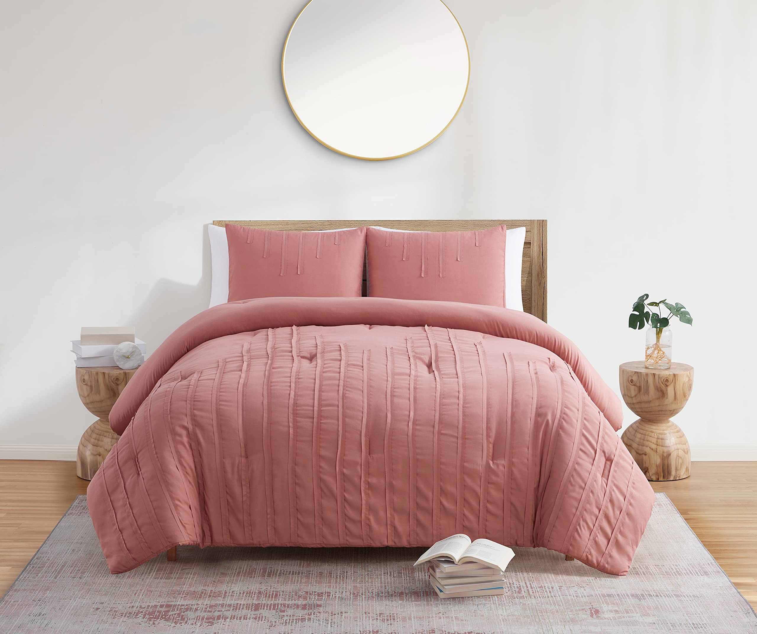 VCNY Home Jade + Oake | Ridney Collection | Textured Stripe Soft Microfiber Comforter Set, Twin/Twin XL, 2 Pieces, Clay Red