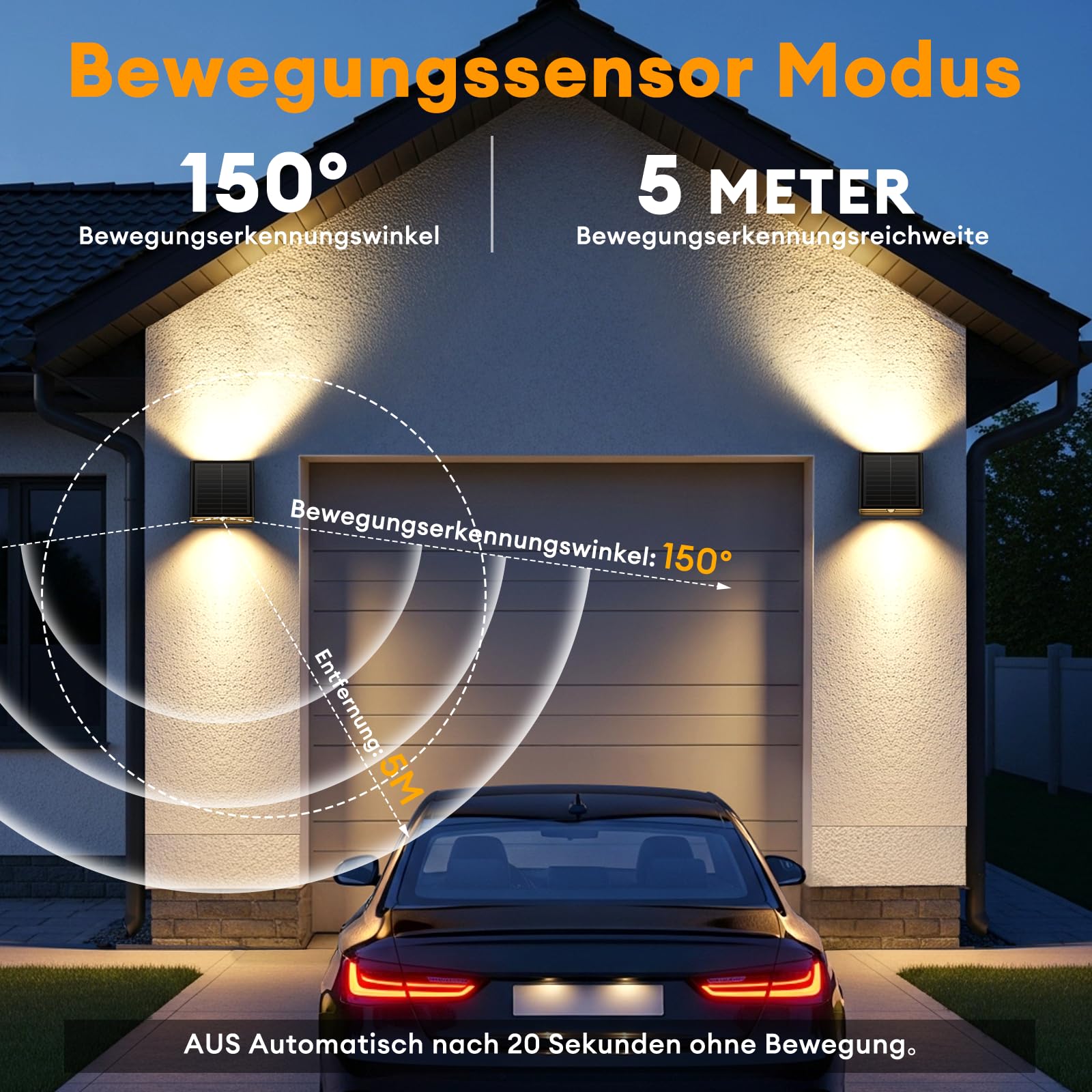 Solarlampen für Außen mit Bewegungsmelder, 2000mAh, 2 Lademodi & 3 Lichtmodi, IP65 Wasserdichte Solar Wandleuchte Auf und ab Einstellbar Lichtstrahl für Garten Balkon Terrasse Treppen (2 Pack)