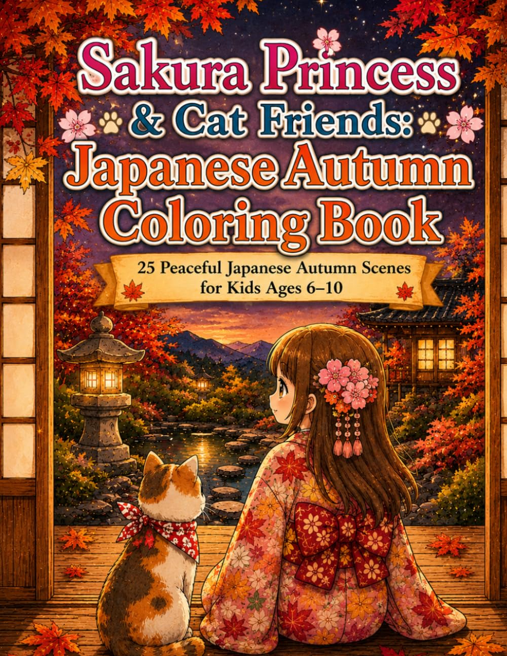 Sakura Princess & Cat Friends: Japanese Autumn Coloring Book: 25 Peaceful Japanese Autumn Scenes for Kids Ages 6–10