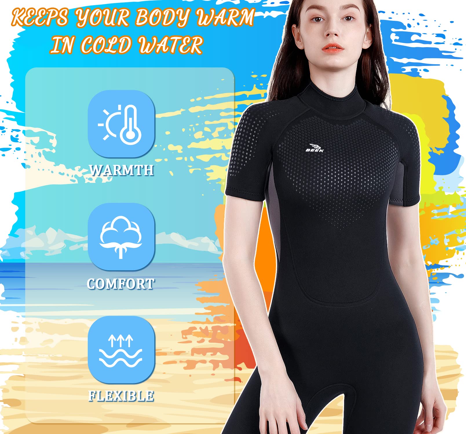 Neoprenanzug Damen und Herren Kurz 3mm | Rückenreißverschluss, Kurzarm, Tauchen, Schnorcheln, Surfen, Kajakfahren, Wassersport