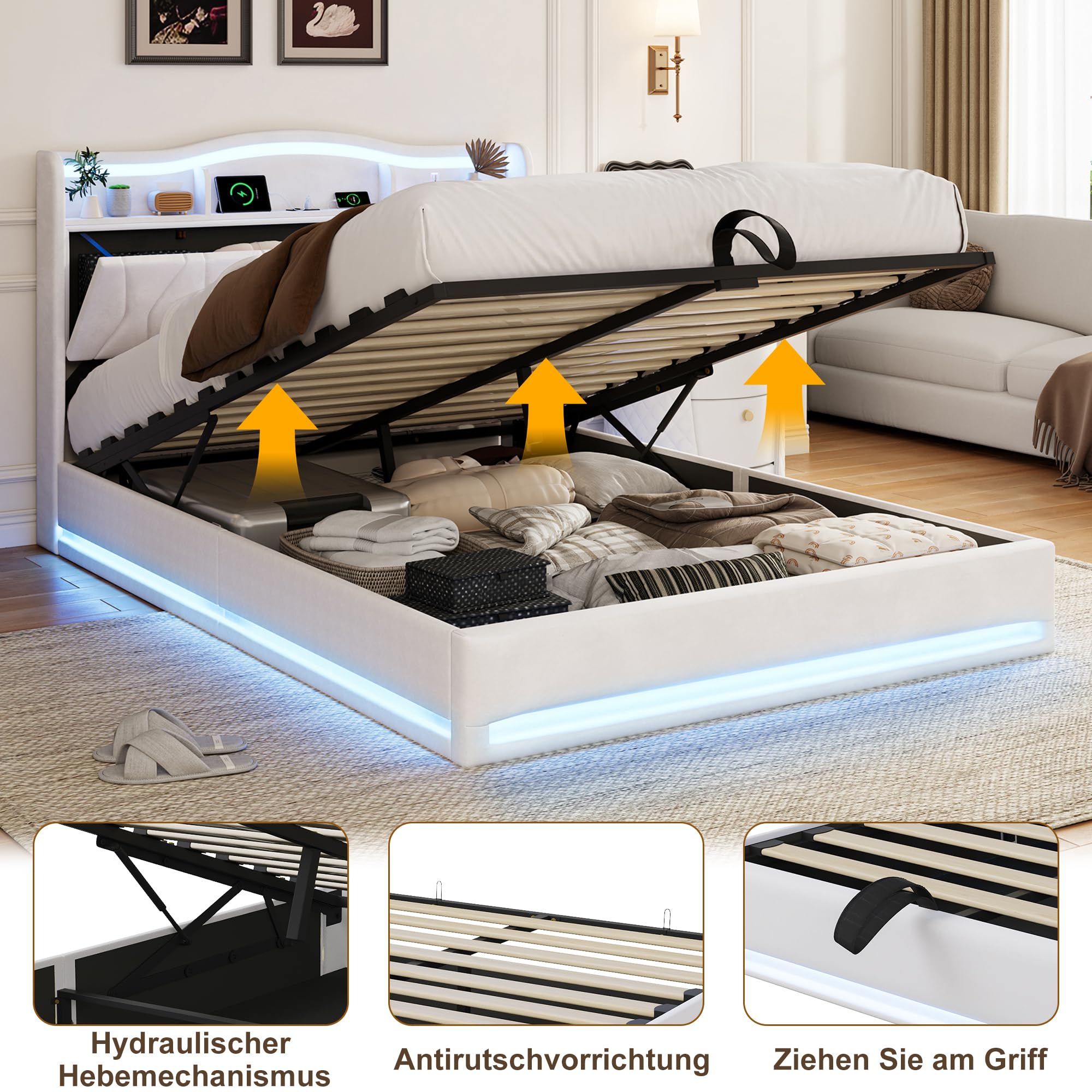 Cama de Matrimonio 160x200 Almacenaje Hidráulica Cabecero USB y LED RGB | Estructura cama tapizada terciopelo,Somier de lamas incluido,Cabecera con almacenaje,Luces LED Regulable,Sin Colchón.