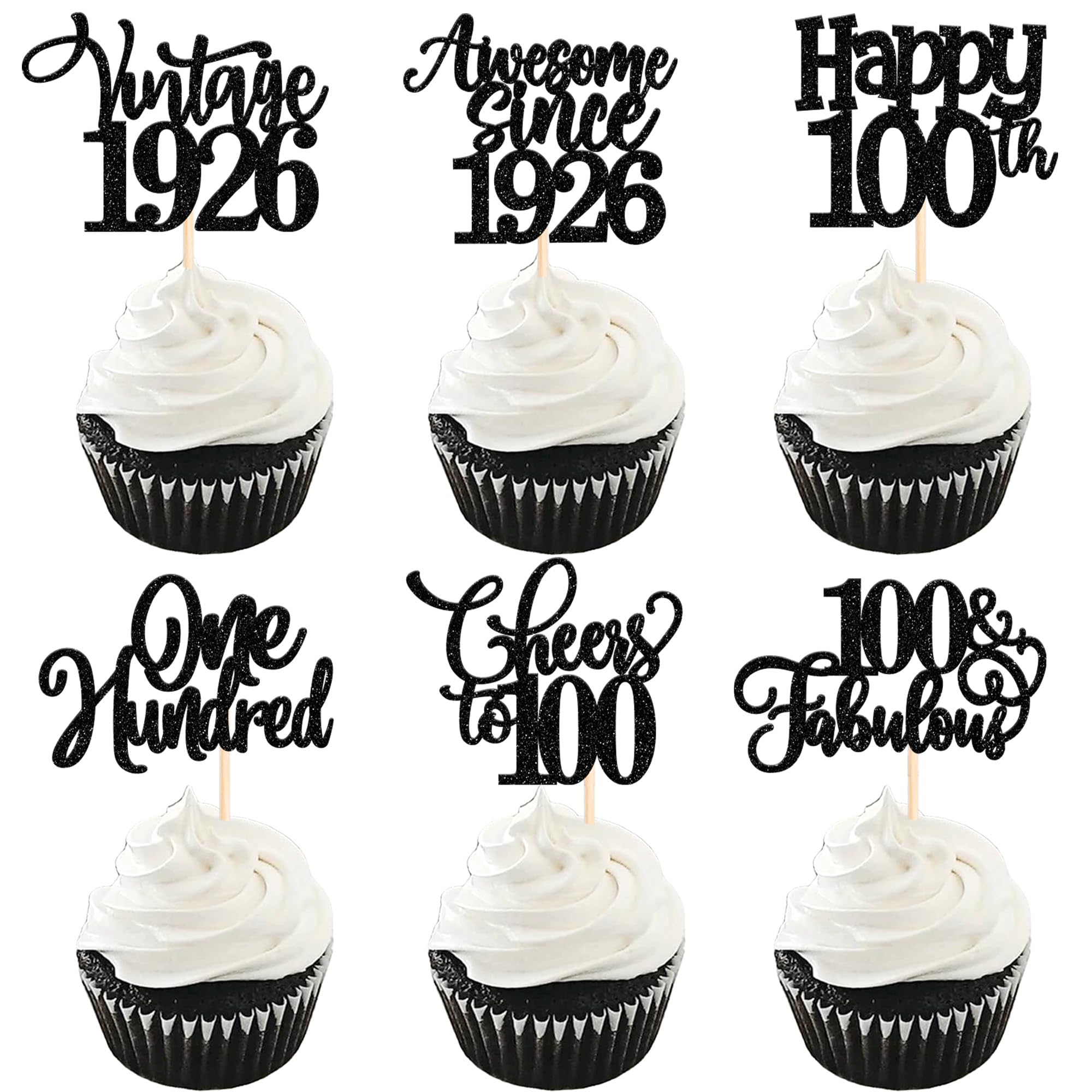 30 Stück Vintage 1926 Tortendeko Glitzer Happy 100th One Hundred Awesome Since 1926 Cupcake Toppers 100 Fabulous Kuchen Deko für 100th Geburtstag Hochzeit Jahrestag Party Supplies Schwarz