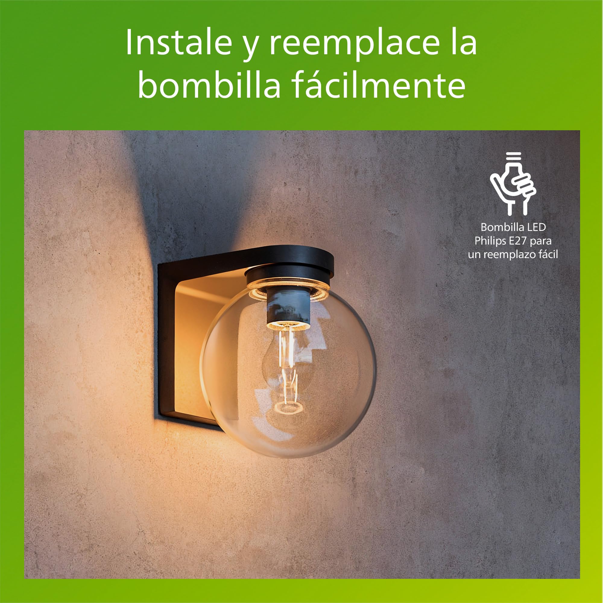Philips Ulio Aplique de Pared Exterior + Bombilla LED E27, Luz Blanca Cálida, IP44 Resistente a la Intemperie, Duradera, Aluminio y Cristal, Diseño Moderno, Color Negro