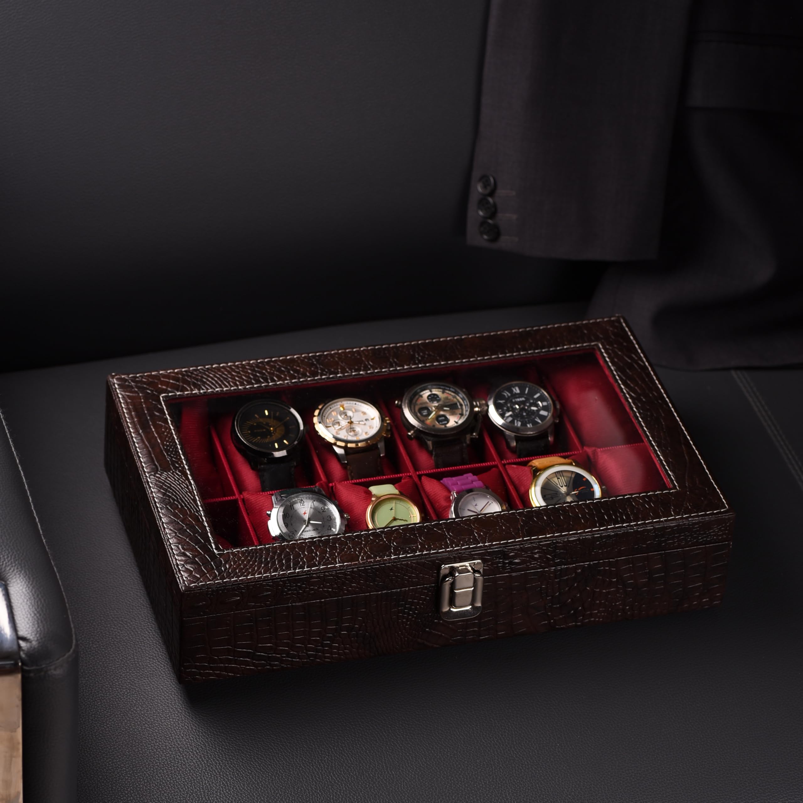 ZENWOOD Caja organizadora de relojes de piel sintética con 12 ranuras para hombre y mujer (marrón::granate)