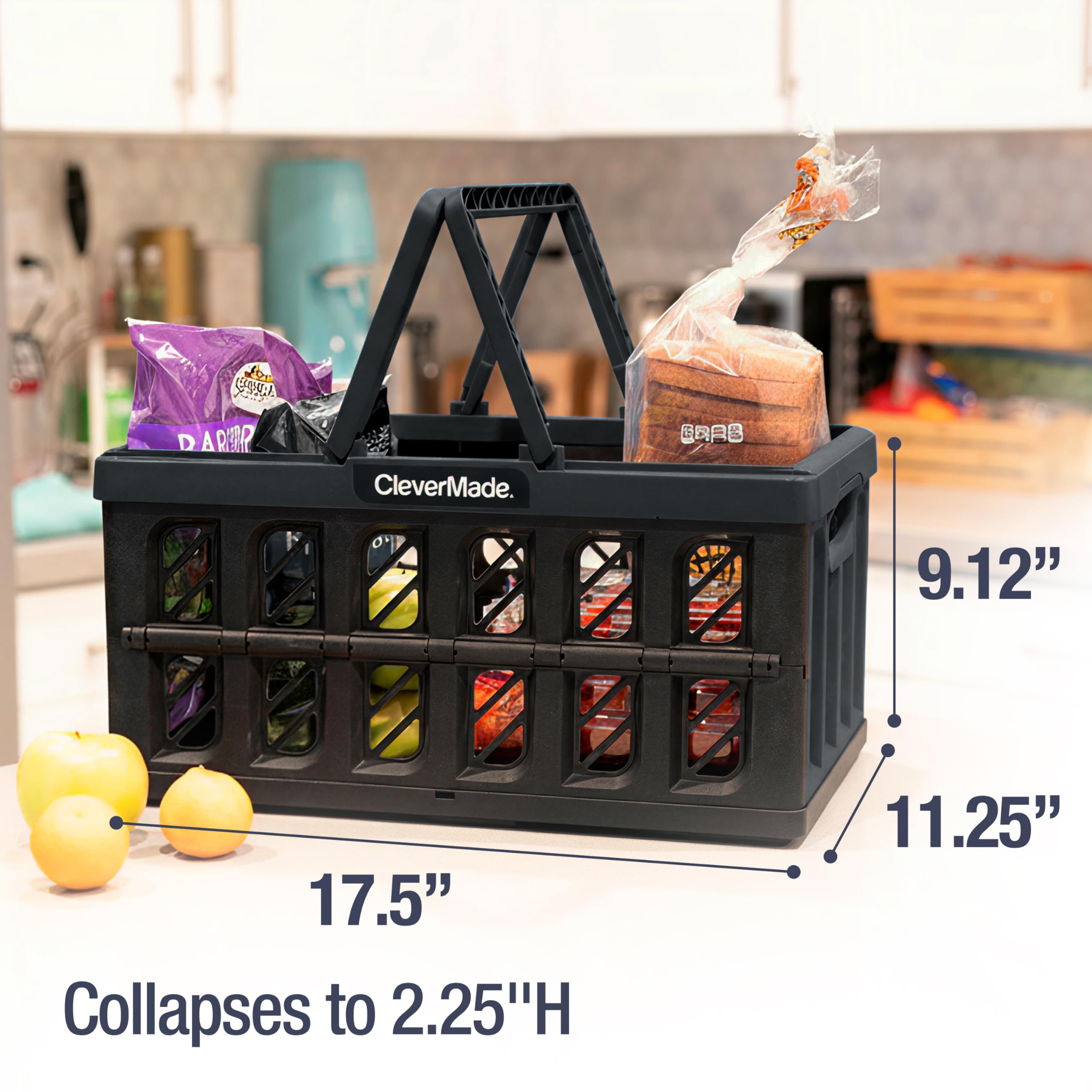 CleverMade - Juego de 3 cestas de compras plegables, obsidiana, 24 L, cestas de comestibles reutilizables de plástico, puede soportar 11,3 kg por cesta, pequeñas cajas de almacenamiento plegables con