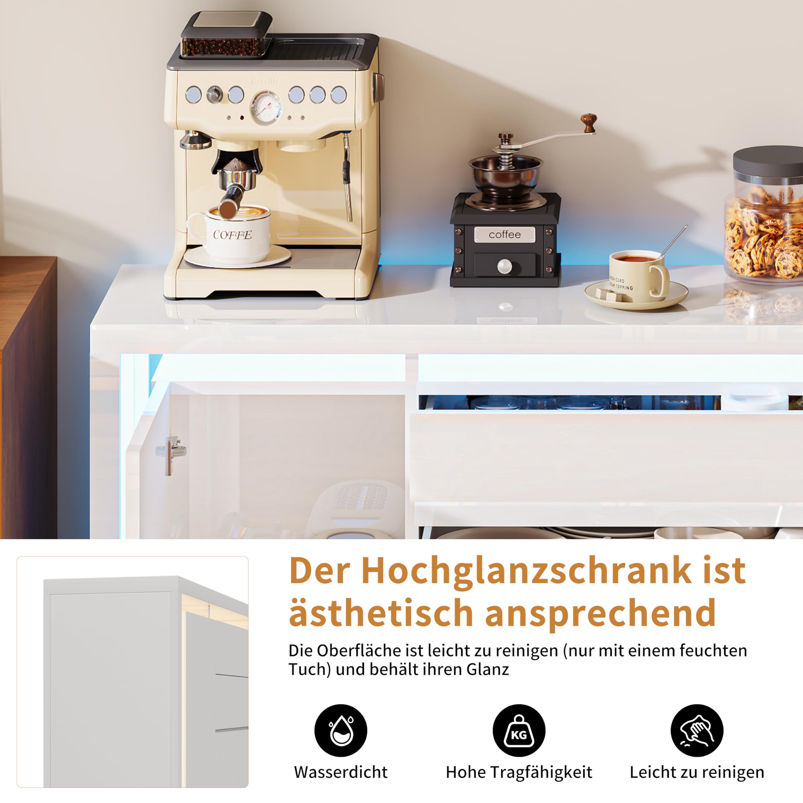 Sideboard mit 4 Türen und 2 Schubladen, Küchenschrank mit LED-Beleuchtung, Buffetschrank mit Stauraum für Küche und Esszimme, Kommode, TV-Schrank (Weiß, 160 x 76 x 35 cm)